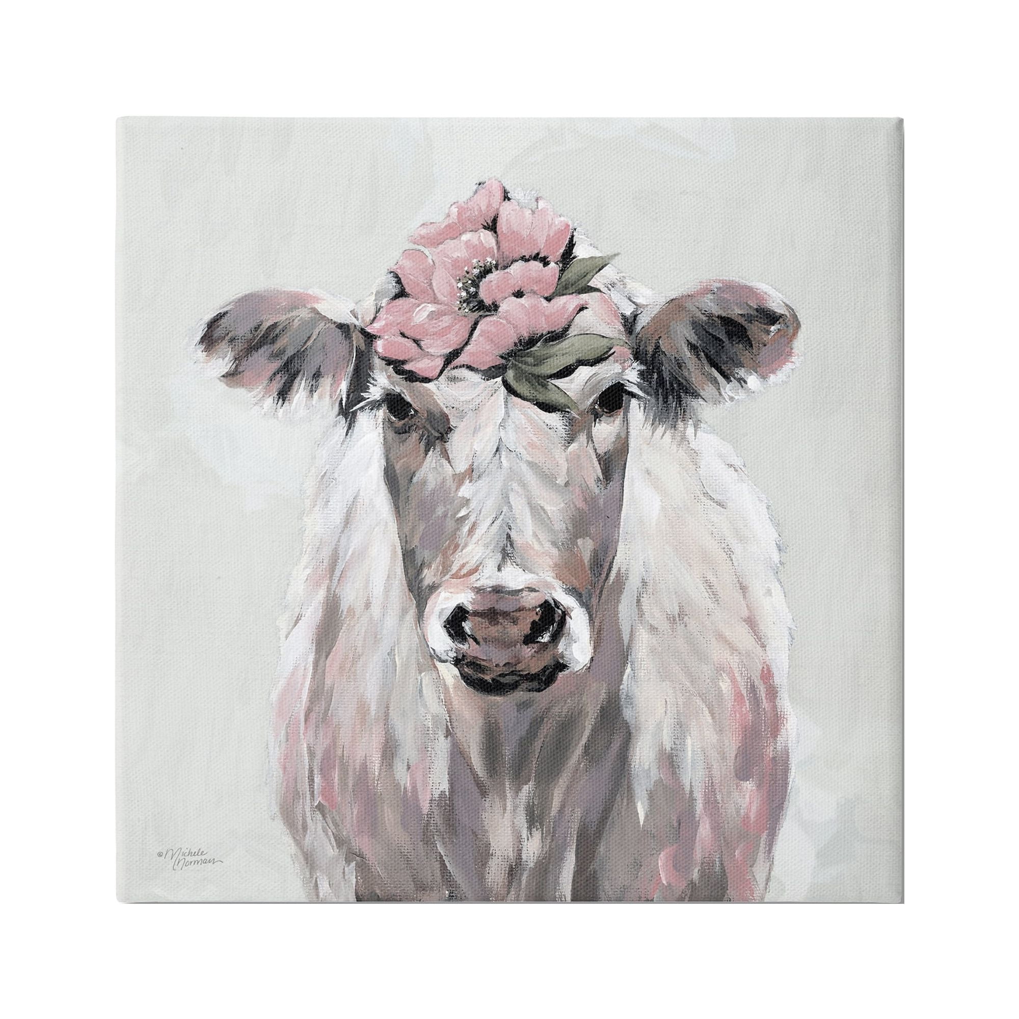 Botanical Cow Cattle Flower Blossom Canvas Wall Art, 36" x 36"