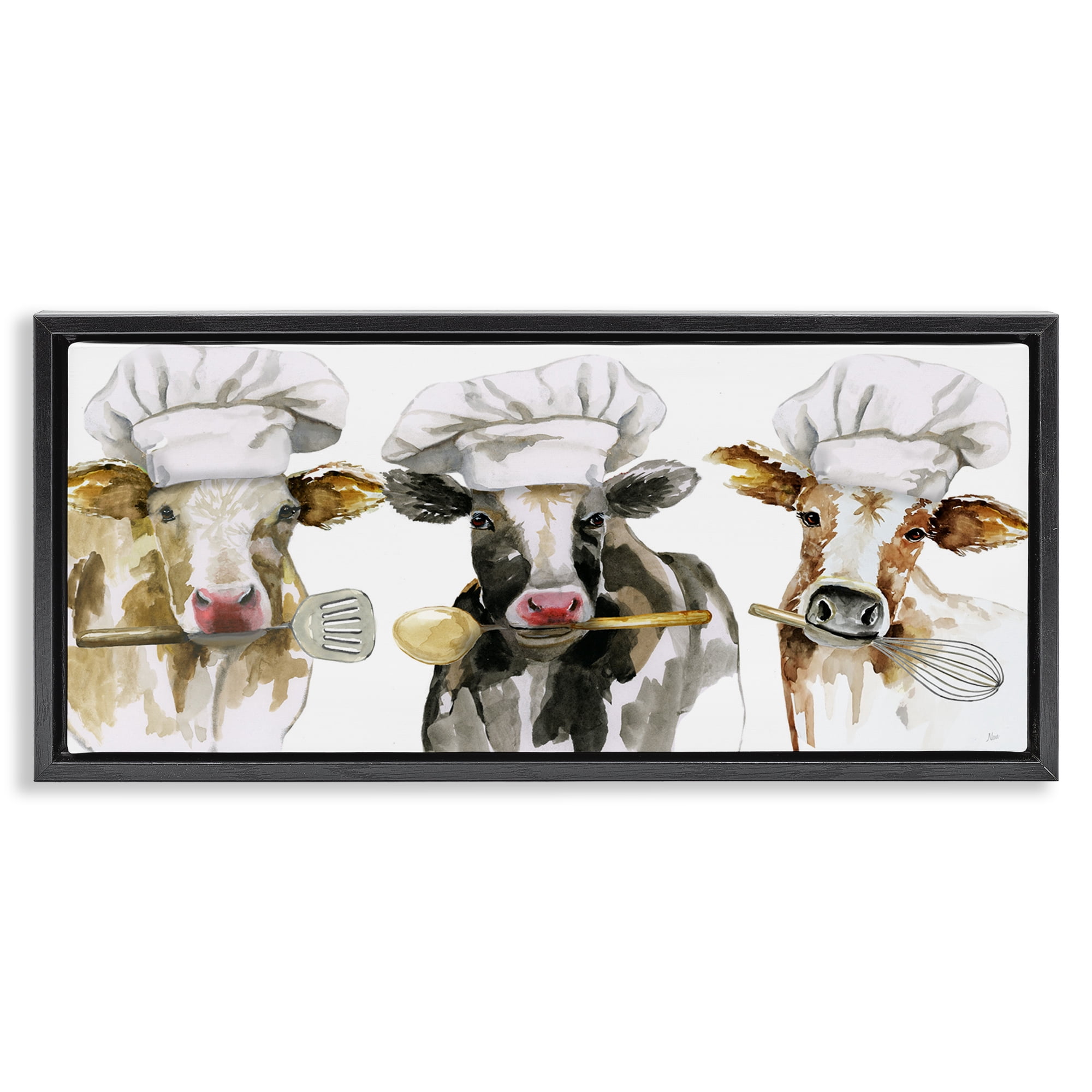 Stupell Industries Cow Chefs with Utensils Black Framed Floater Canvas Wall Art, design by Nan