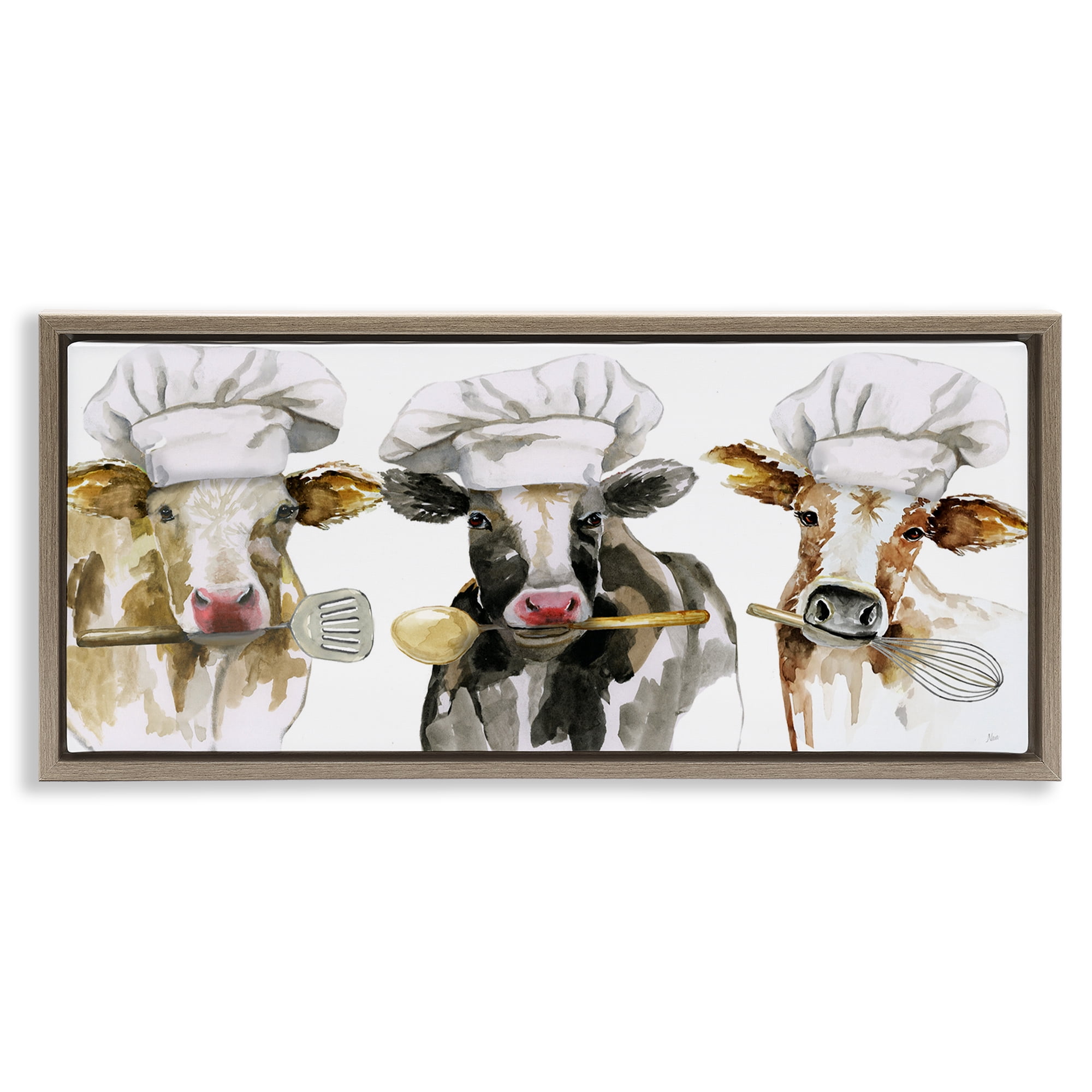 Stupell Industries Cow Chefs with Utensils Brown Framed Floater Canvas Wall Art, design by Nan