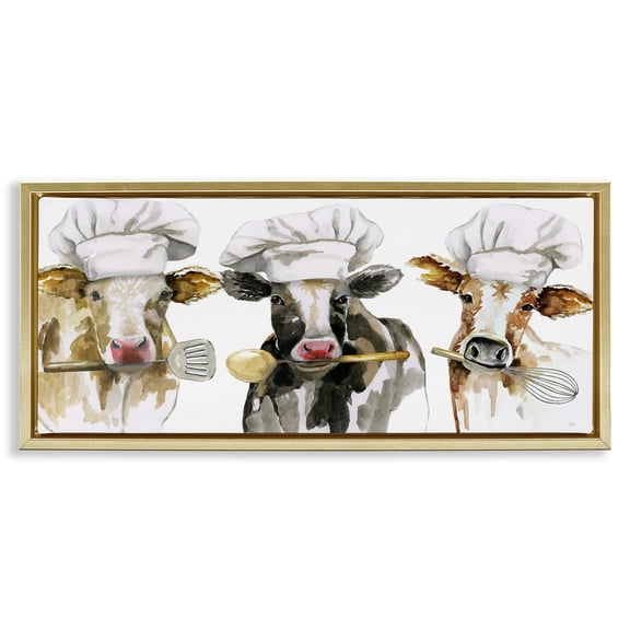 Stupell Industries Farmhouse Cow Chefs with Utensils Gold Floating Frame Canvas Art, 31 x 14, by Nan