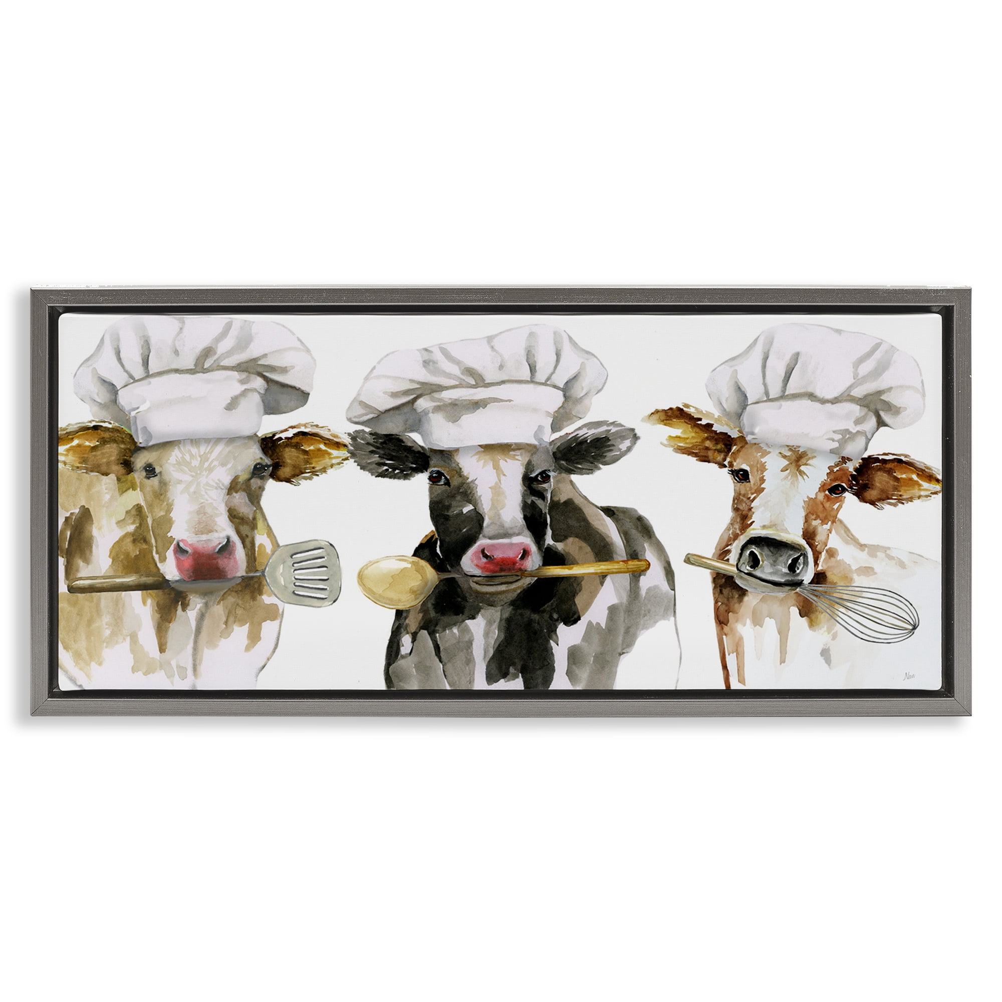 Stupell Industries Cow Chefs with Utensils Gray Framed Floater Canvas Wall Art, design by Nan