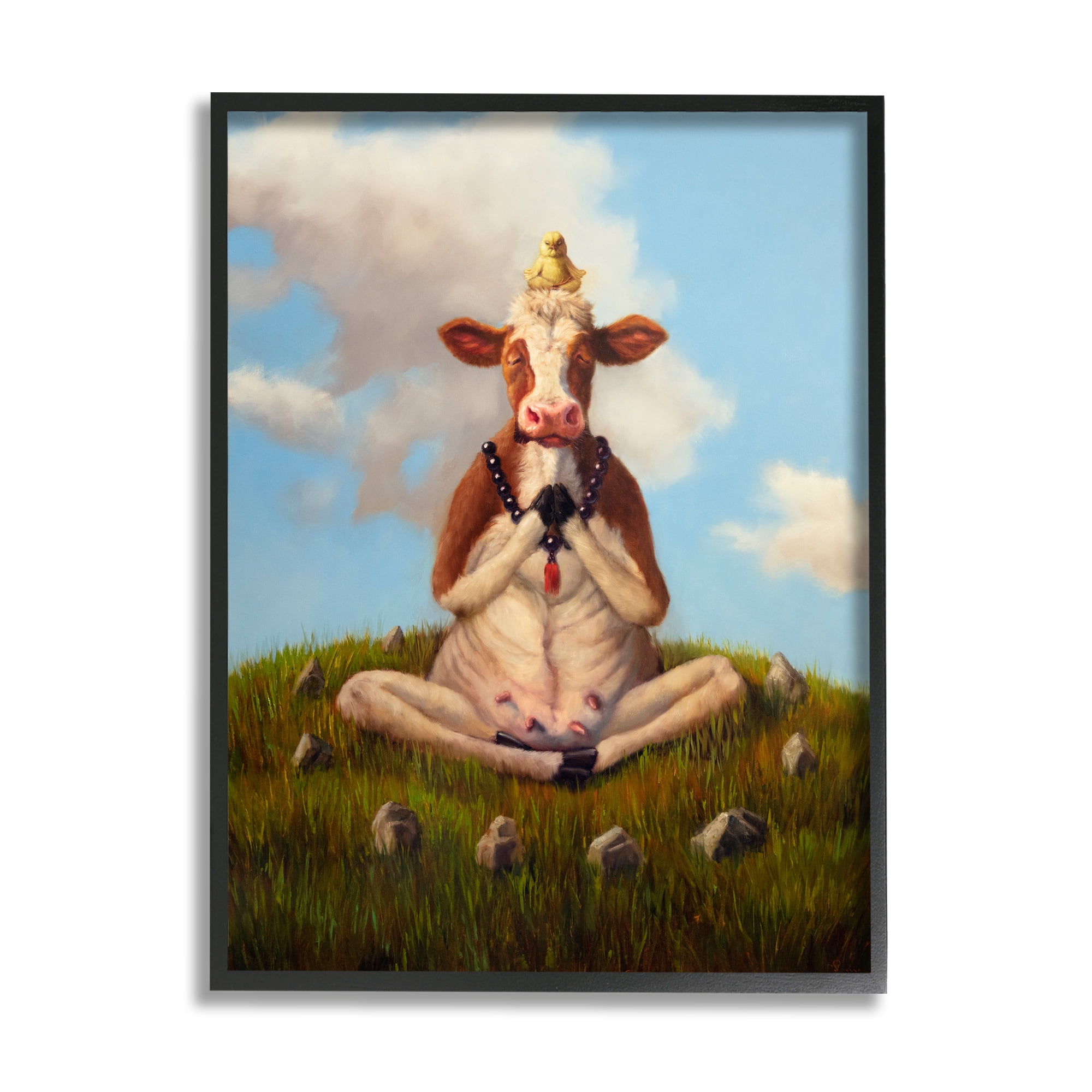 Stupell Industries Cow & Chick Meditating Animals & Insects Painting Black Framed Art Print Wall Art, 11 x 14