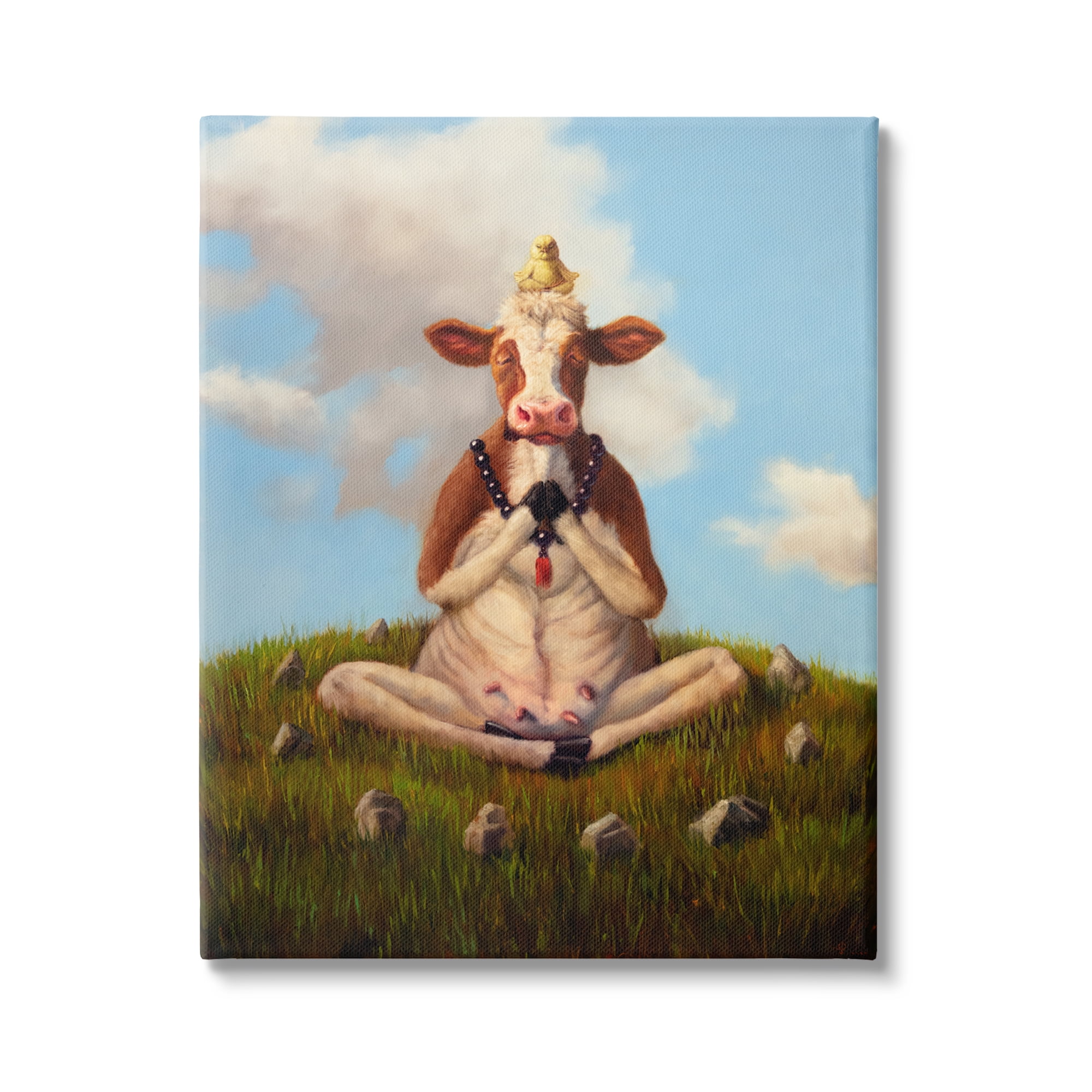 Stupell Industries Cow & Chick Meditating Animals & Insects Painting Gallery Wrapped Canvas Art Print Wall Art, 16 x 20