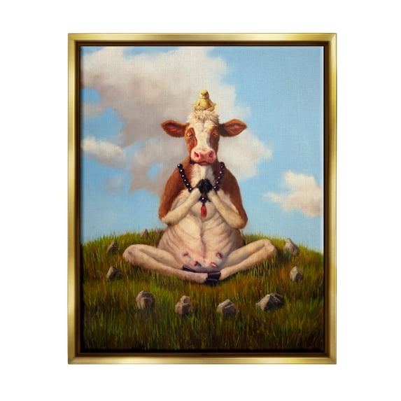 Stupell Industries Cow & Chick Meditating Animals & Insects Painting Gold Floater Framed Canvas Art Print Wall Art, 17 x 21