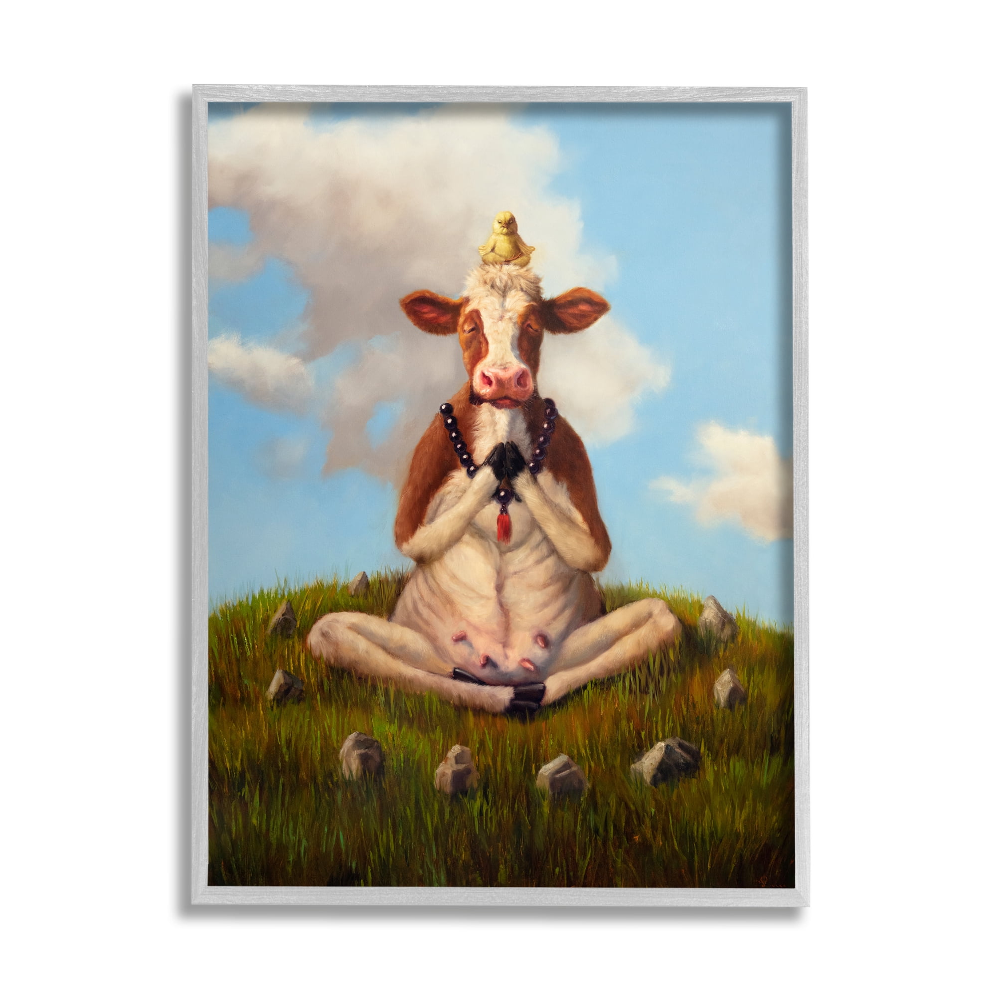 Stupell Industries Cow & Chick Meditating Animals & Insects Painting Gray Framed Art Print Wall Art, 16 x 20