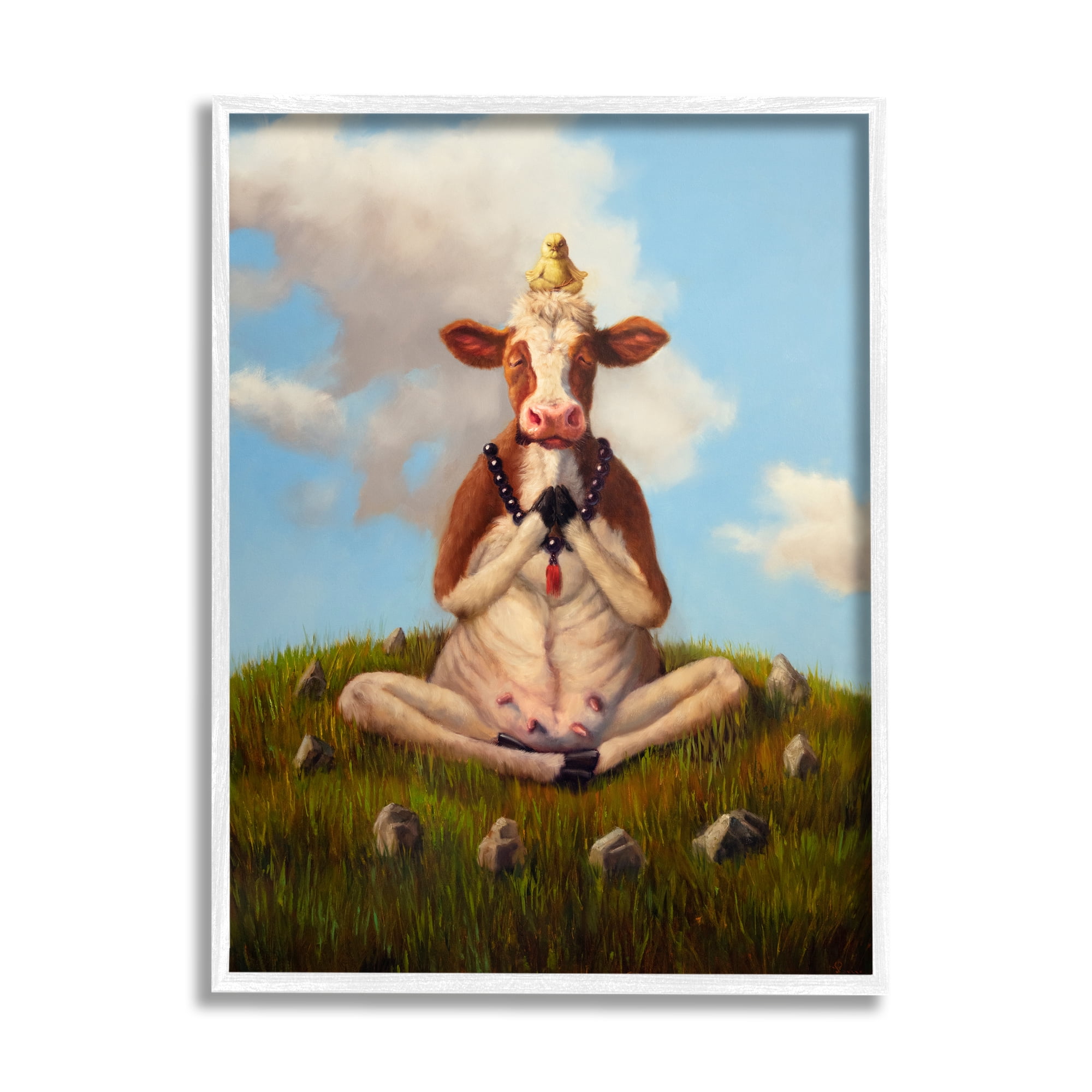 Stupell Industries Cow & Chick Meditating Animals & Insects Painting White Framed Art Print Wall Art, 11 x 14