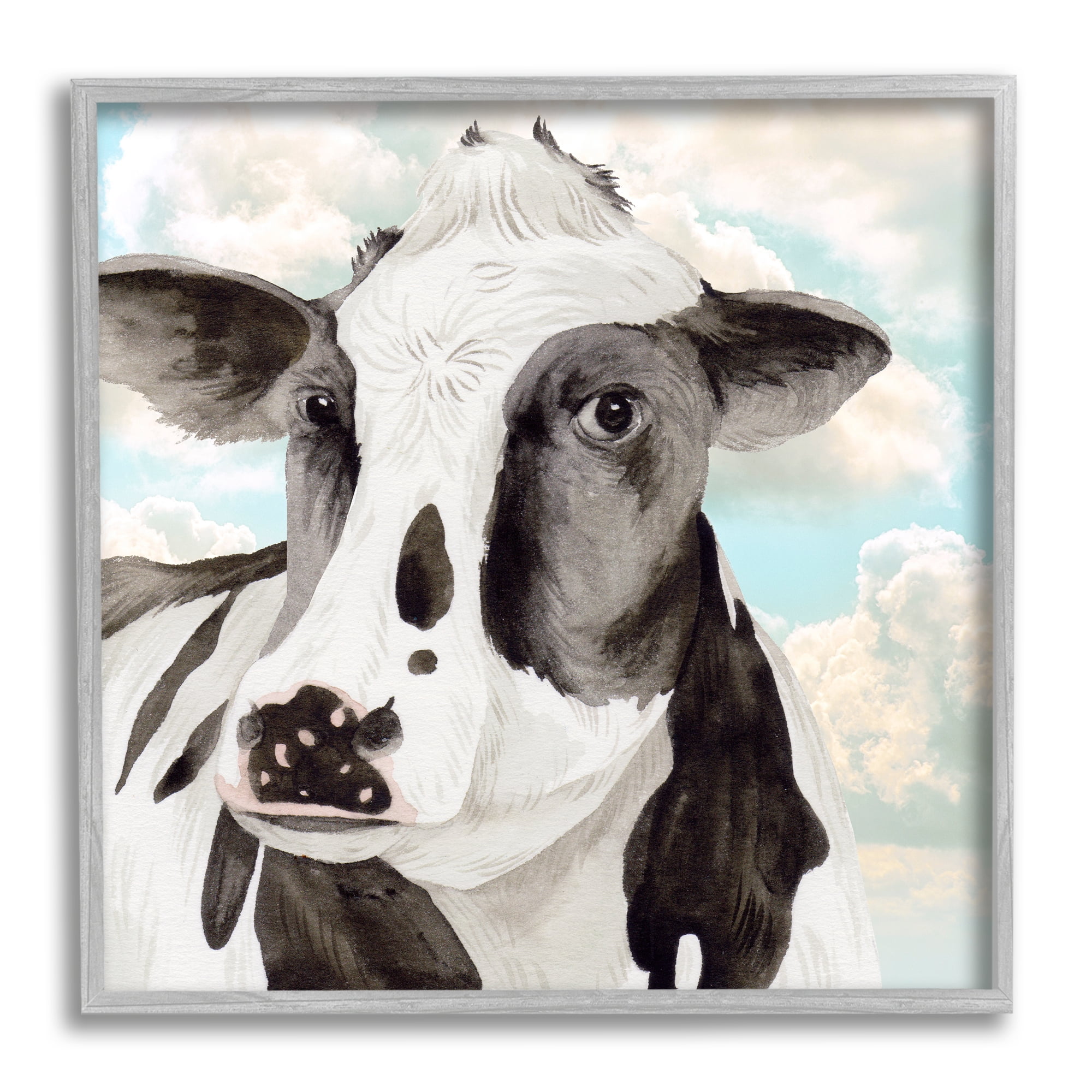Stupell Industries Cow & Cloudy Sky Animals & Insects Painting Gray Framed Art Print Wall Art, 12 x 12