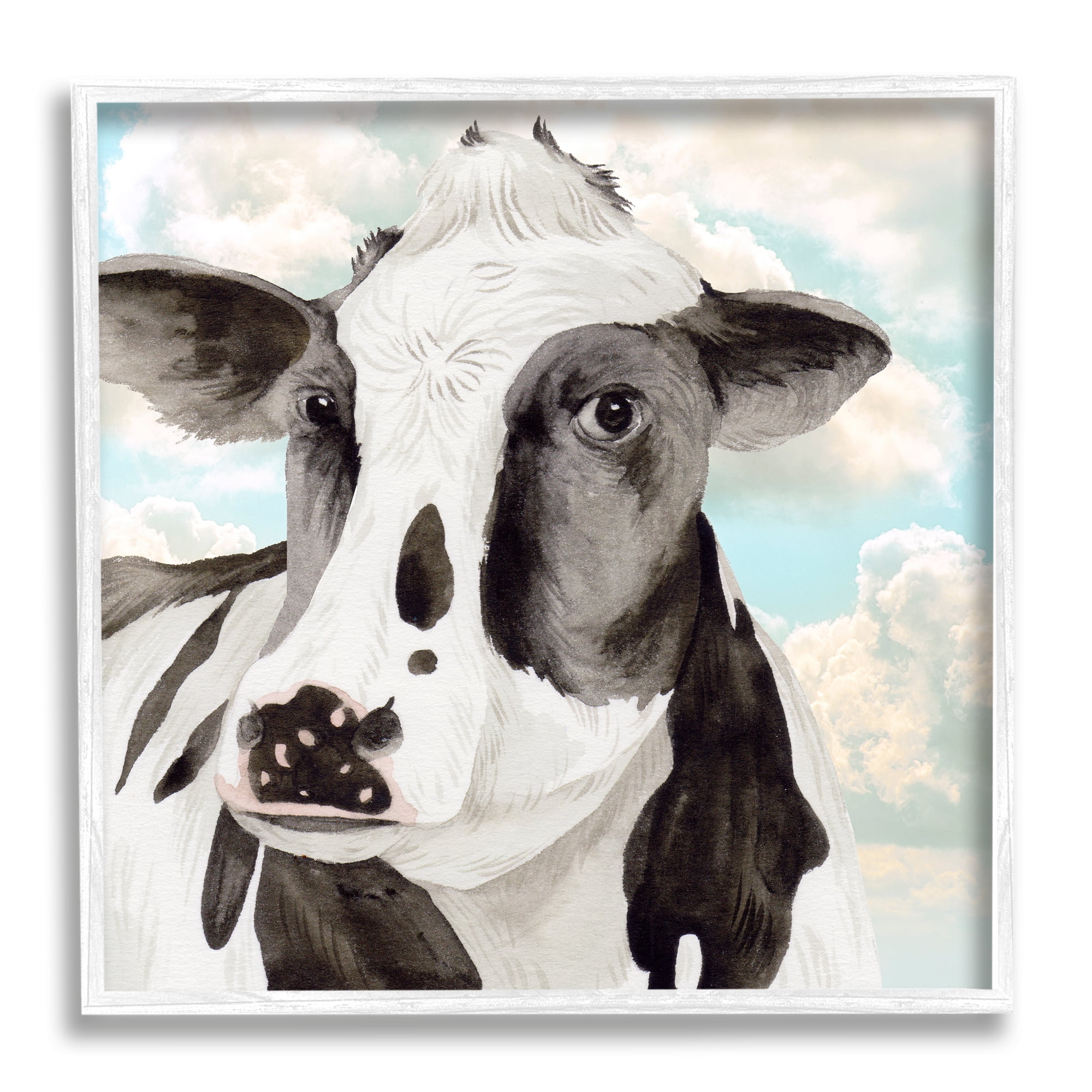 Stupell Industries Cow & Cloudy Sky Animals & Insects Painting White Framed Art Print Wall Art, 24 x 24