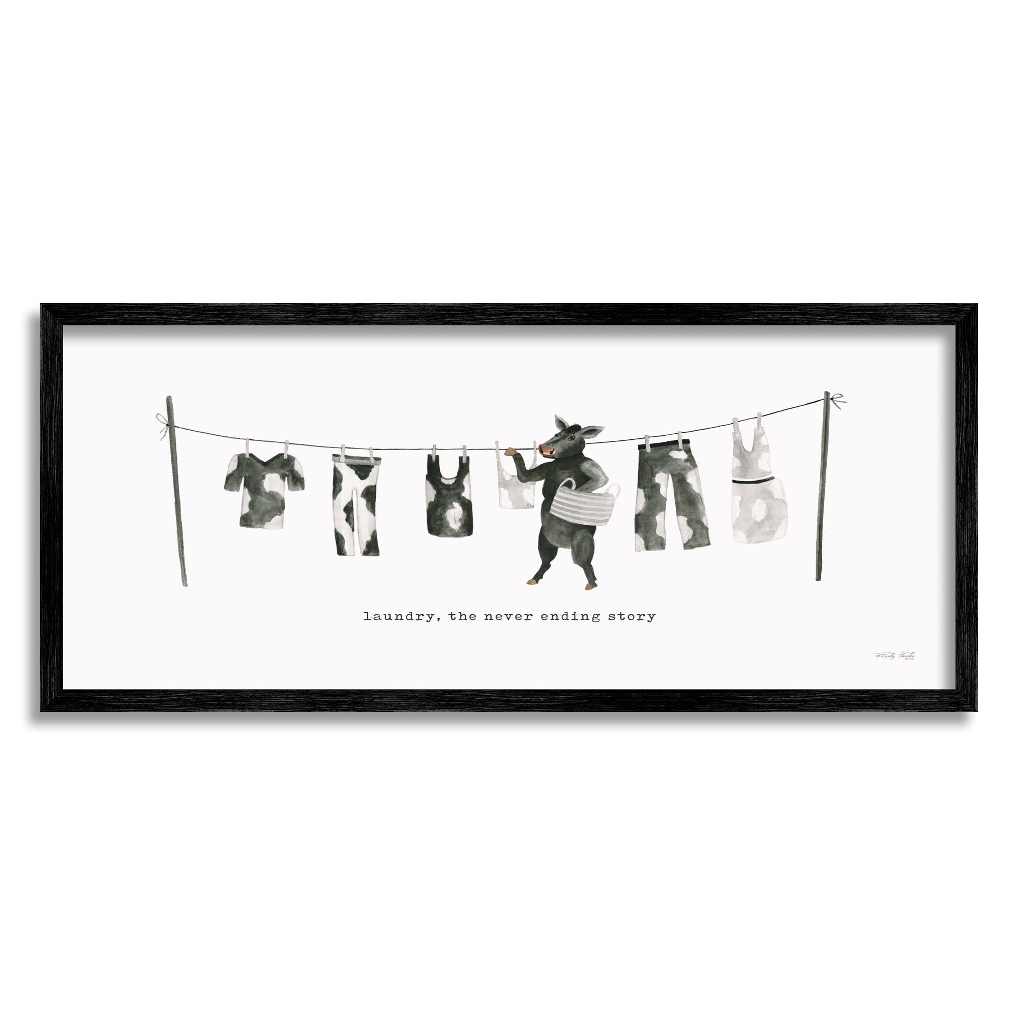 Stupell Industries Cow Doing Laundry Animals & Insects Painting Black Framed Art Print Wall Art, 24 x 10
