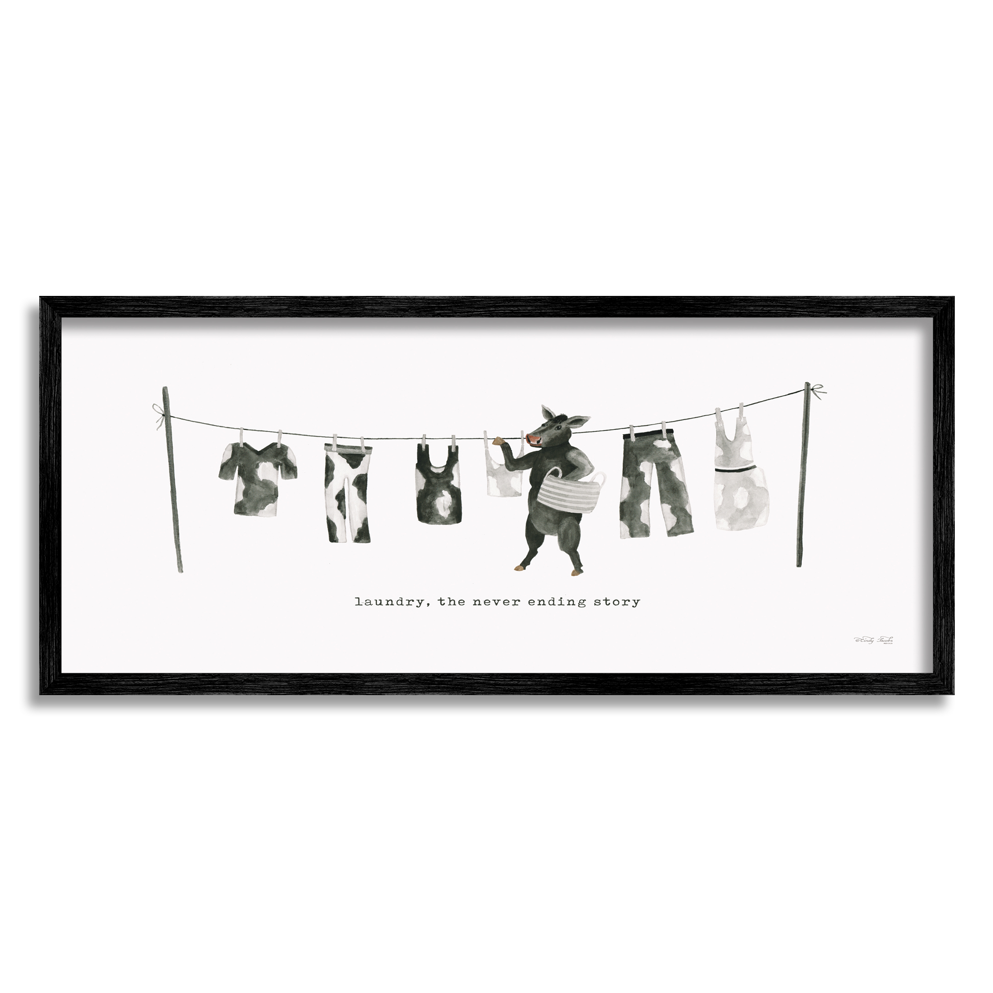 Stupell Industries Cow Doing Laundry Animals & Insects Painting Black Framed Art Print Wall Art, 30 x 13
