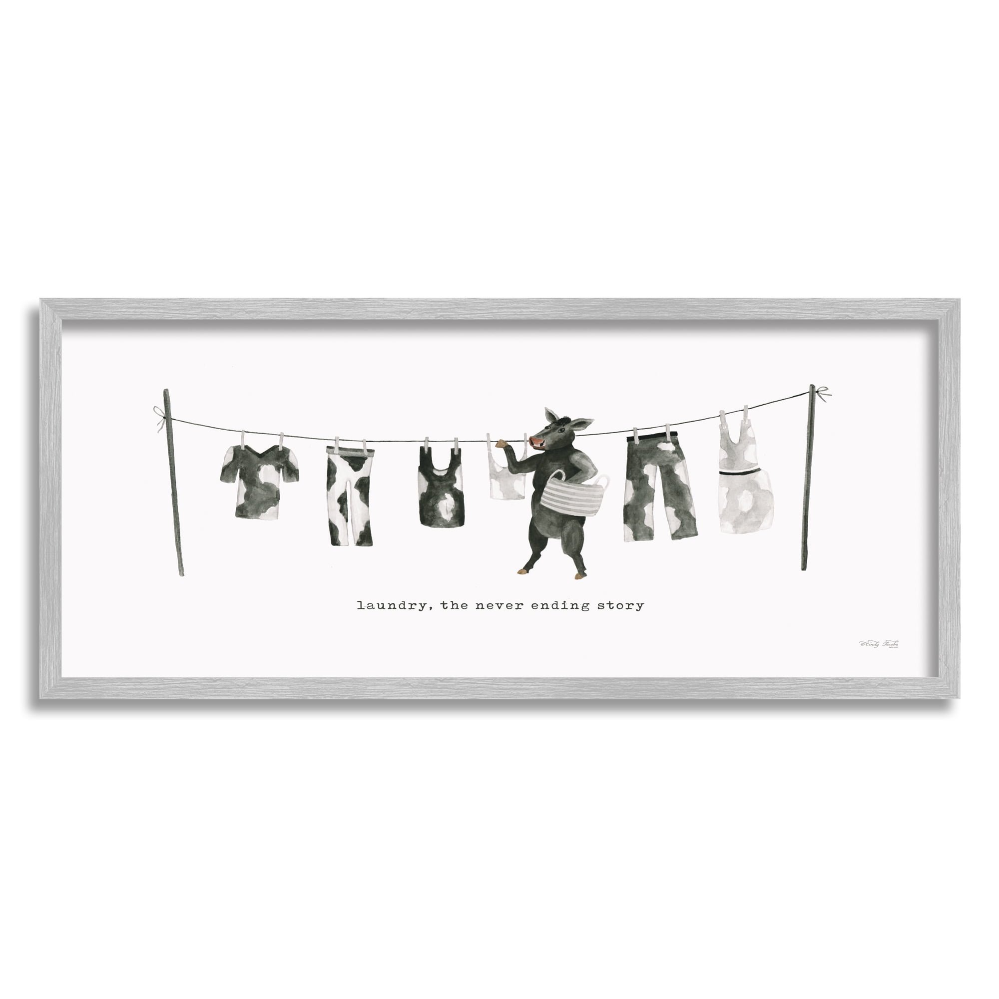 Stupell Industries Cow Doing Laundry Animals & Insects Painting Gray Framed Art Print Wall Art, 30 x 13