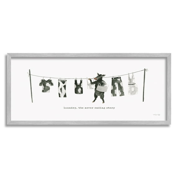 Stupell Industries Cow Doing Laundry Animals & Insects Painting Gray Framed Art Print Wall Art, 30 x 13