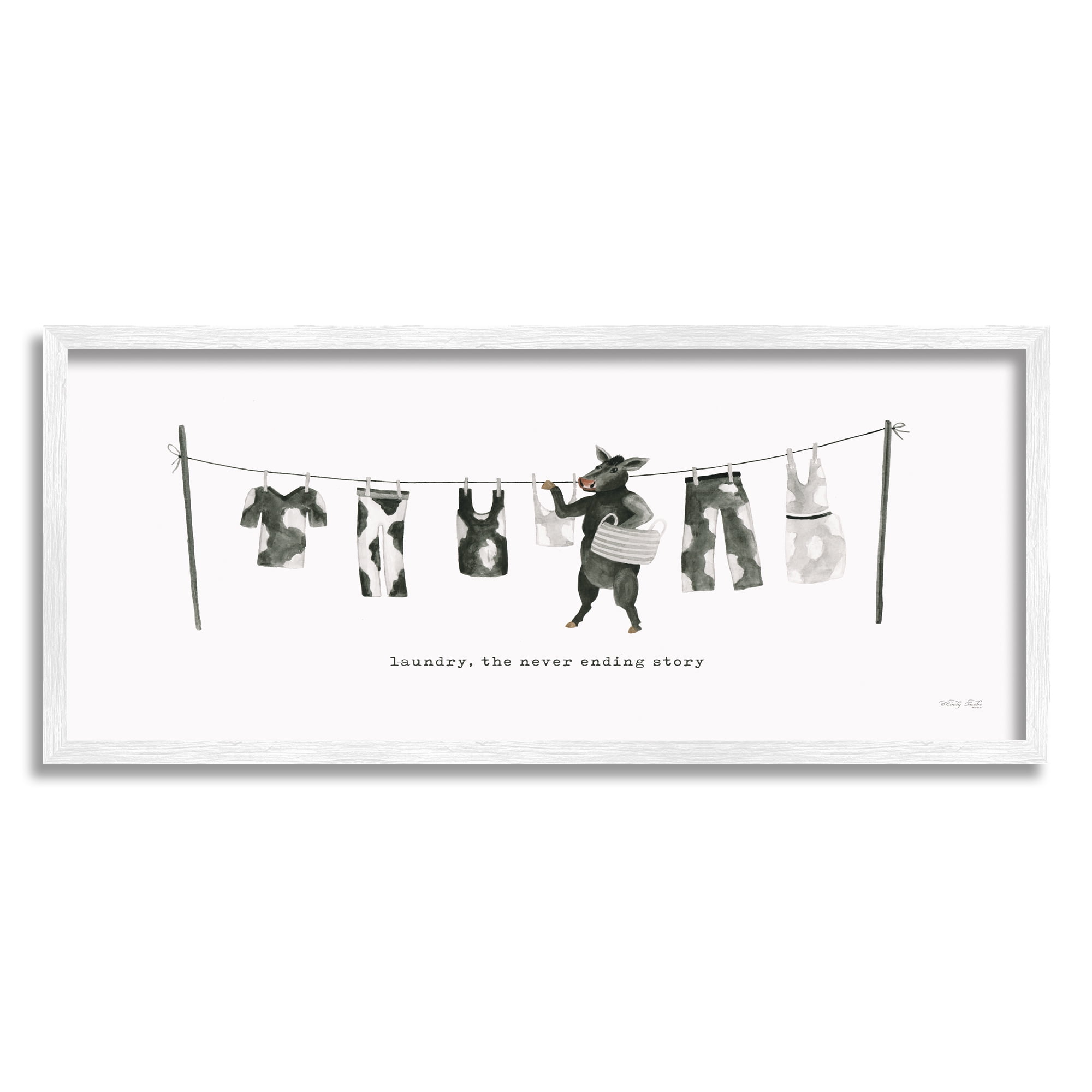 Stupell Industries Cow Doing Laundry Animals & Insects Painting White Framed Art Print Wall Art, 24 x 10