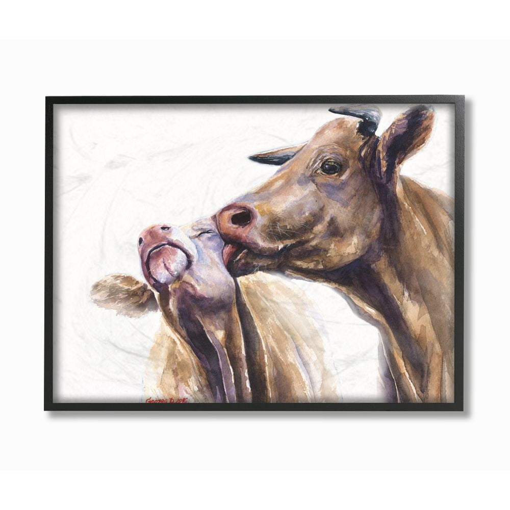 Stupell Industries Cow Family Animal Watercolor Painting Framed Giclee Texturized Art by George Dyachenko