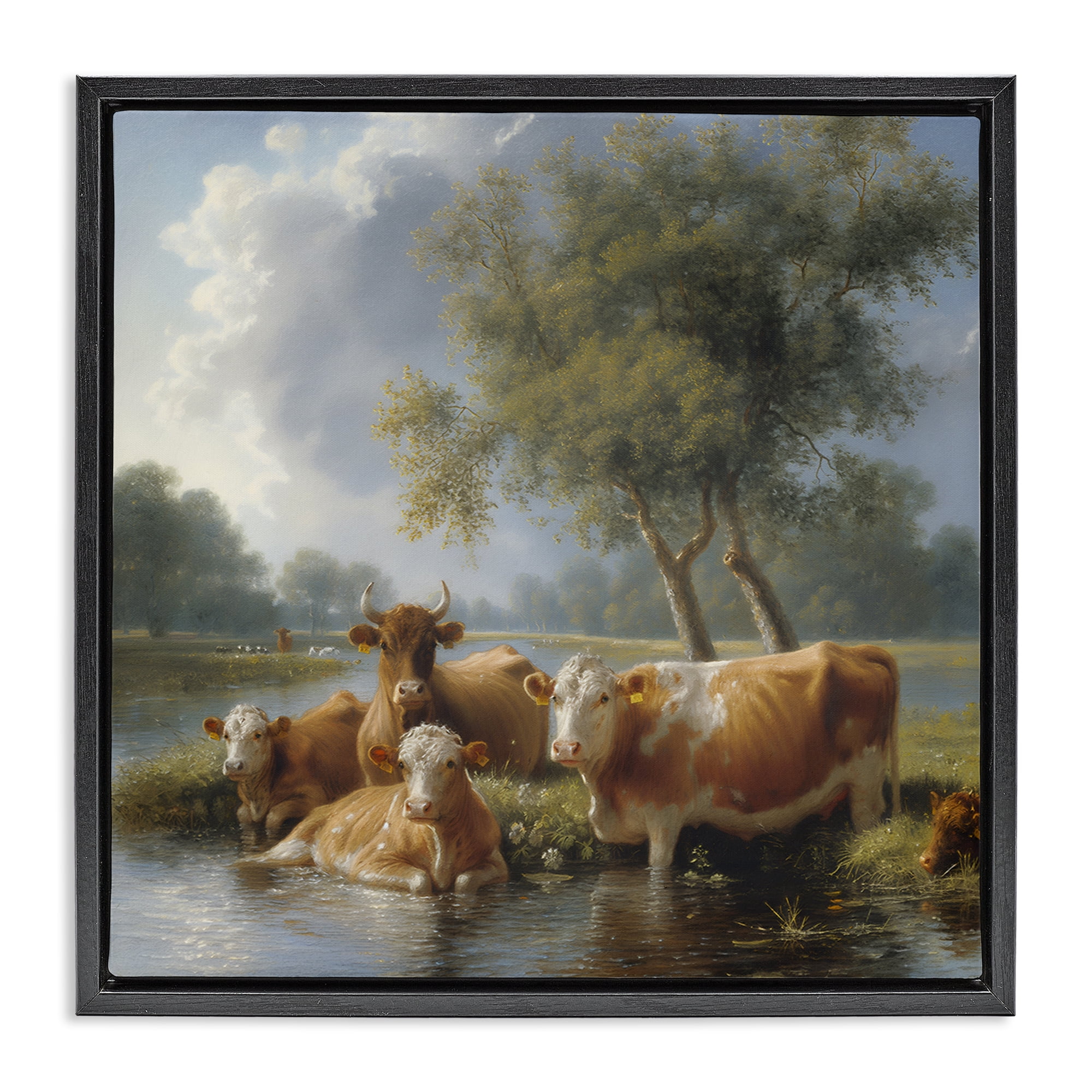 Stupell Industries Cow Family Charming Scene Animals Painting Black Floater Framed Canvas Art Print Wall Art, 18 x 18