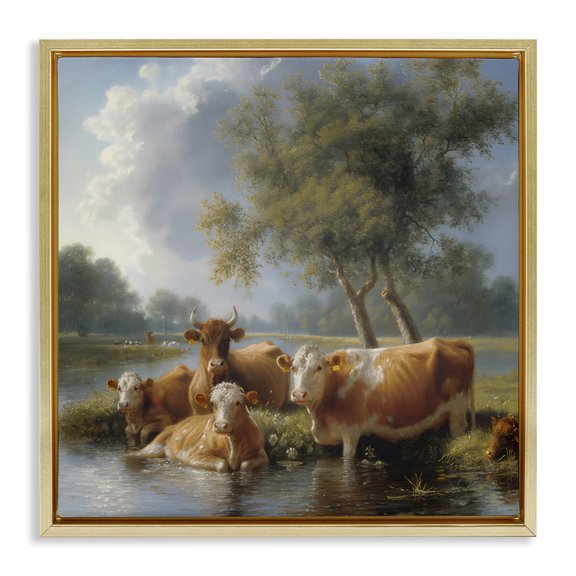 Stupell Industries Cow Family Charming Scene Animals Painting Gold Floater Framed Canvas Art Print Wall Art, 18 x 18