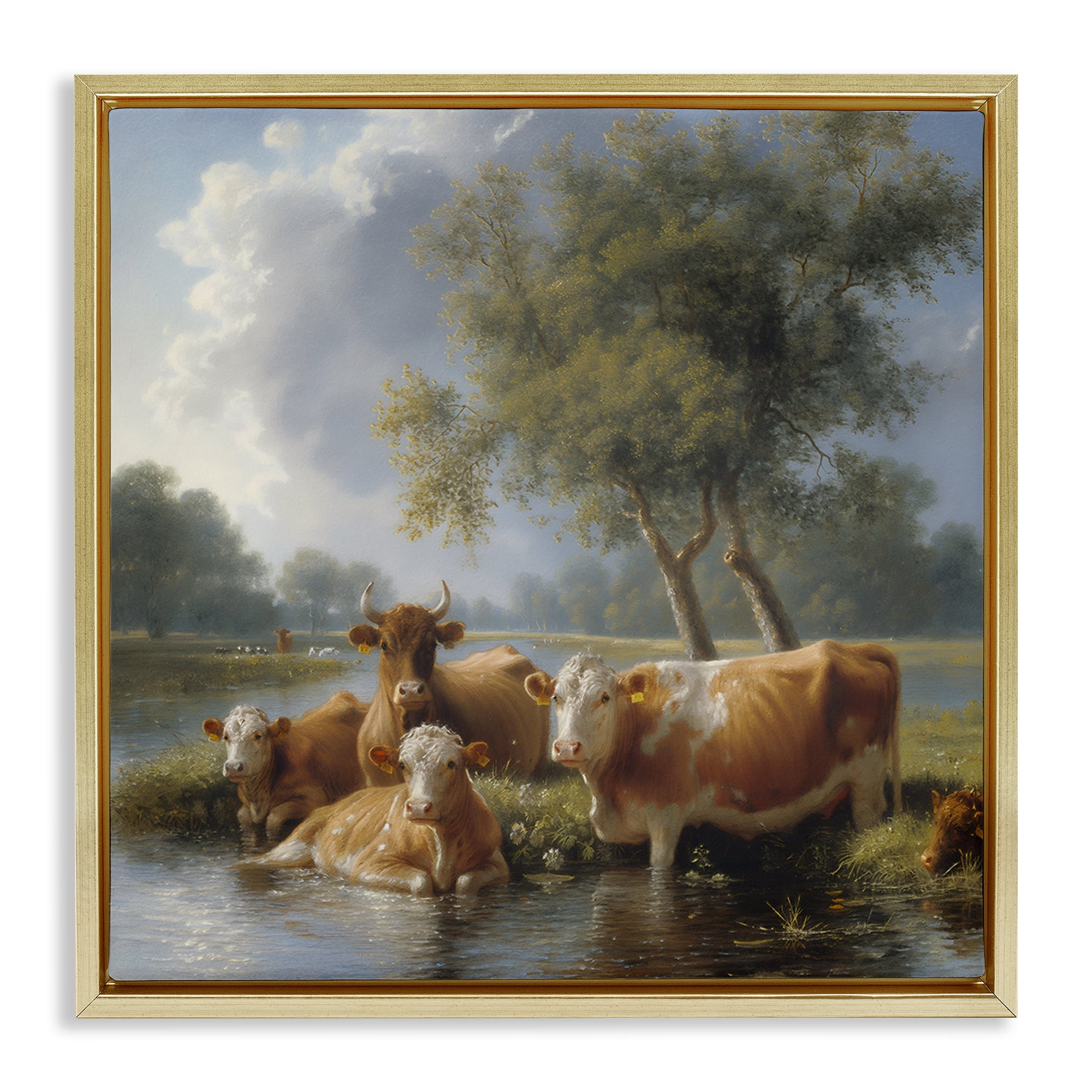 Stupell Industries Cow Family Charming Scene Animals Painting Gold Floater Framed Canvas Art Print Wall Art, 25 x 25