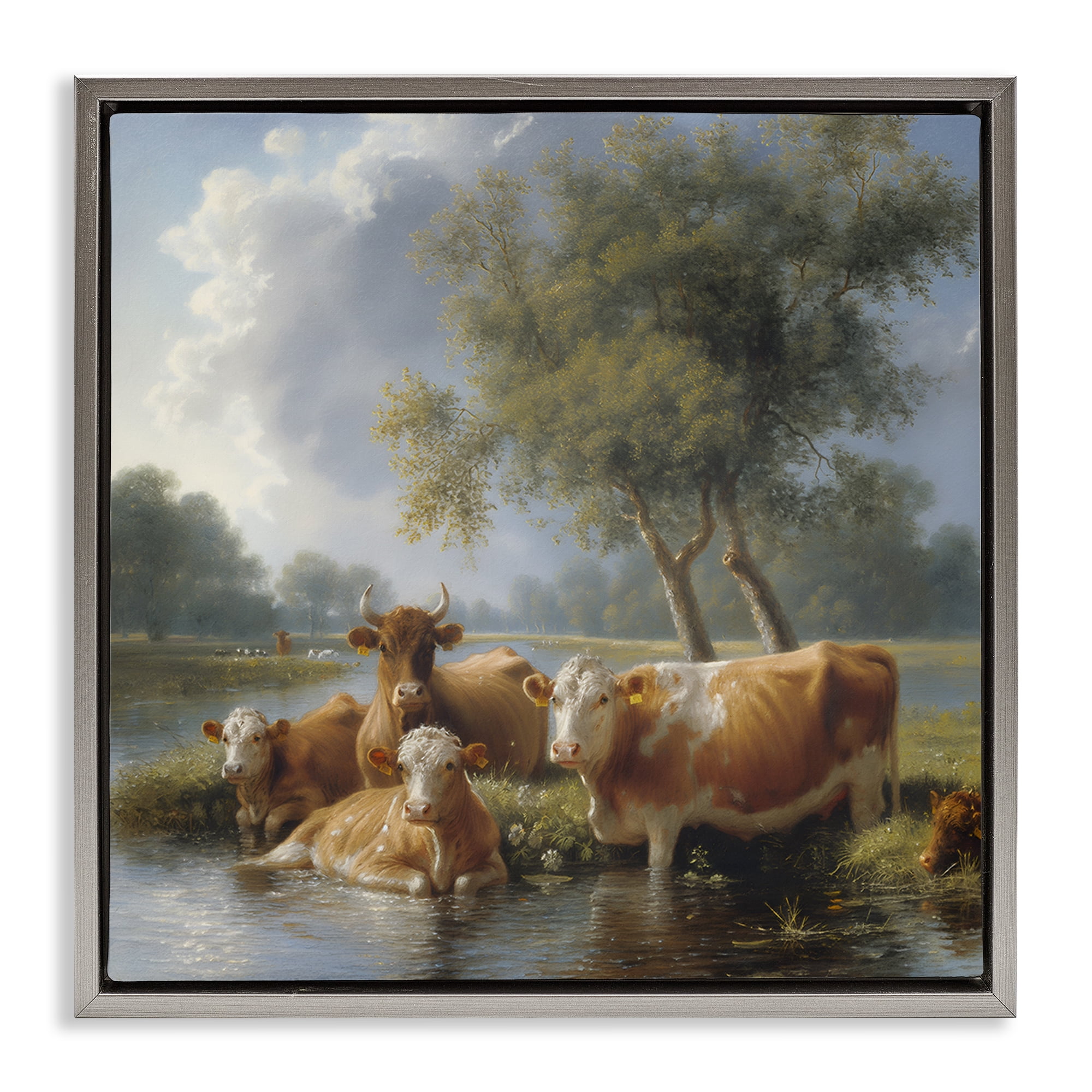 Stupell Industries Cow Family Charming Scene Animals Painting Gray Floater Framed Canvas Art Print Wall Art, 25 x 25