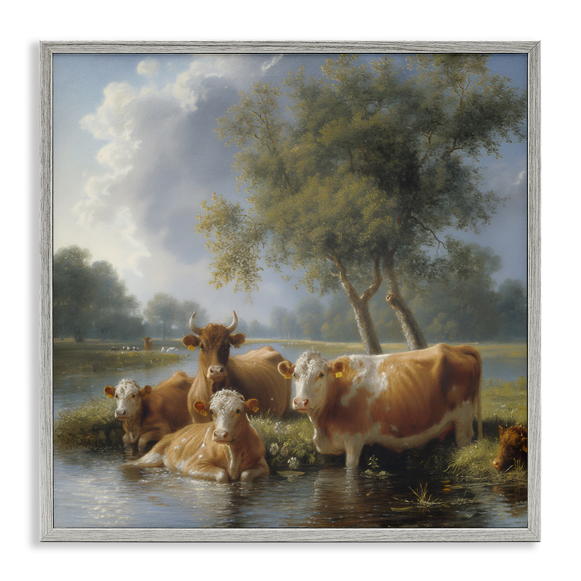 Stupell Industries Cow Family Charming Scene Animals Painting Gray Framed Art Print Wall Art, 17 x 17