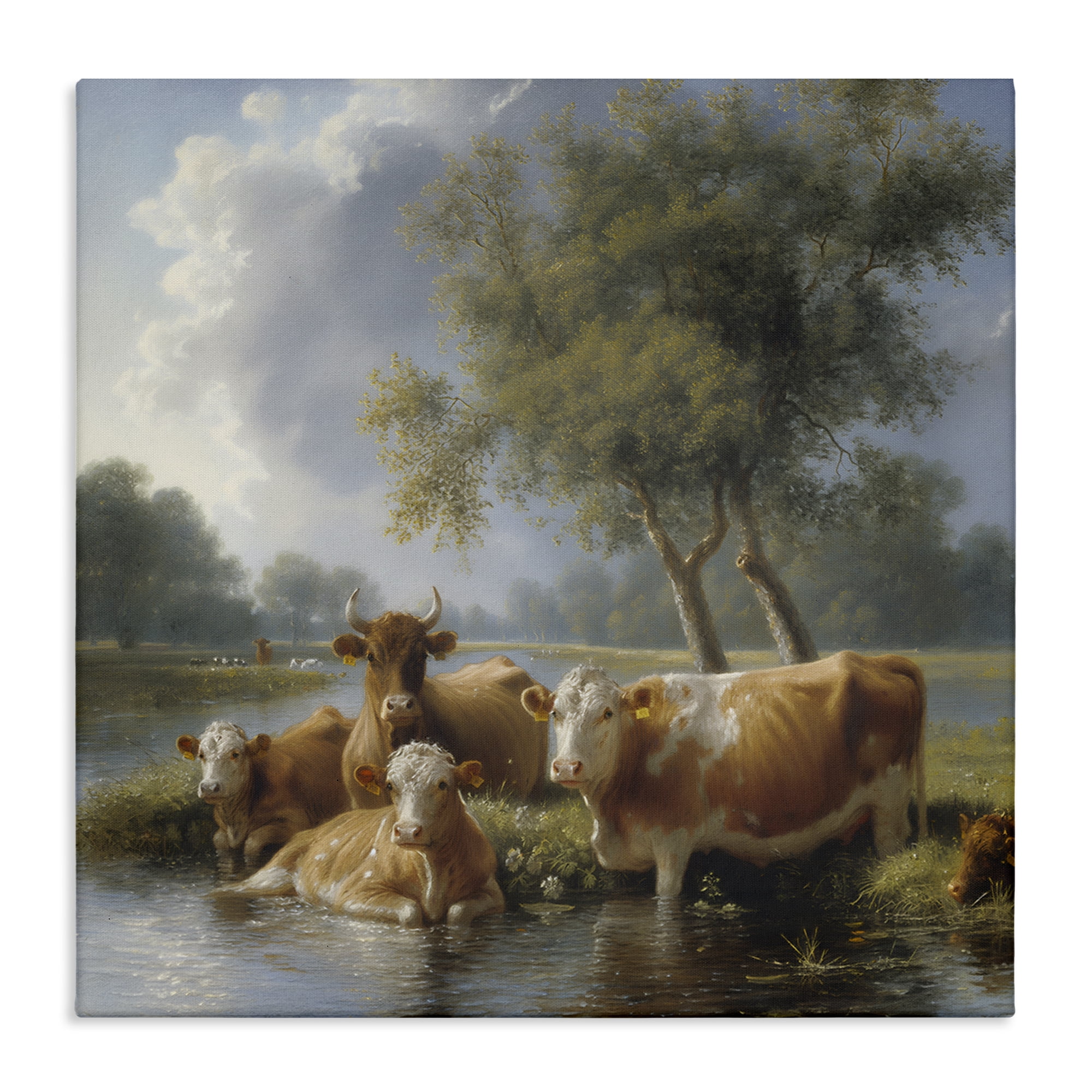 Stupell Industries Cow Family Charming Scene Animals Painting Wrapped Canvas Art Print Wall Art, 17 x 17