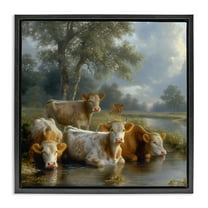Stupell Industries Cow Family at Creek Animals Painting Black Floater Framed Canvas Art Print Wall Art, 18 x 18