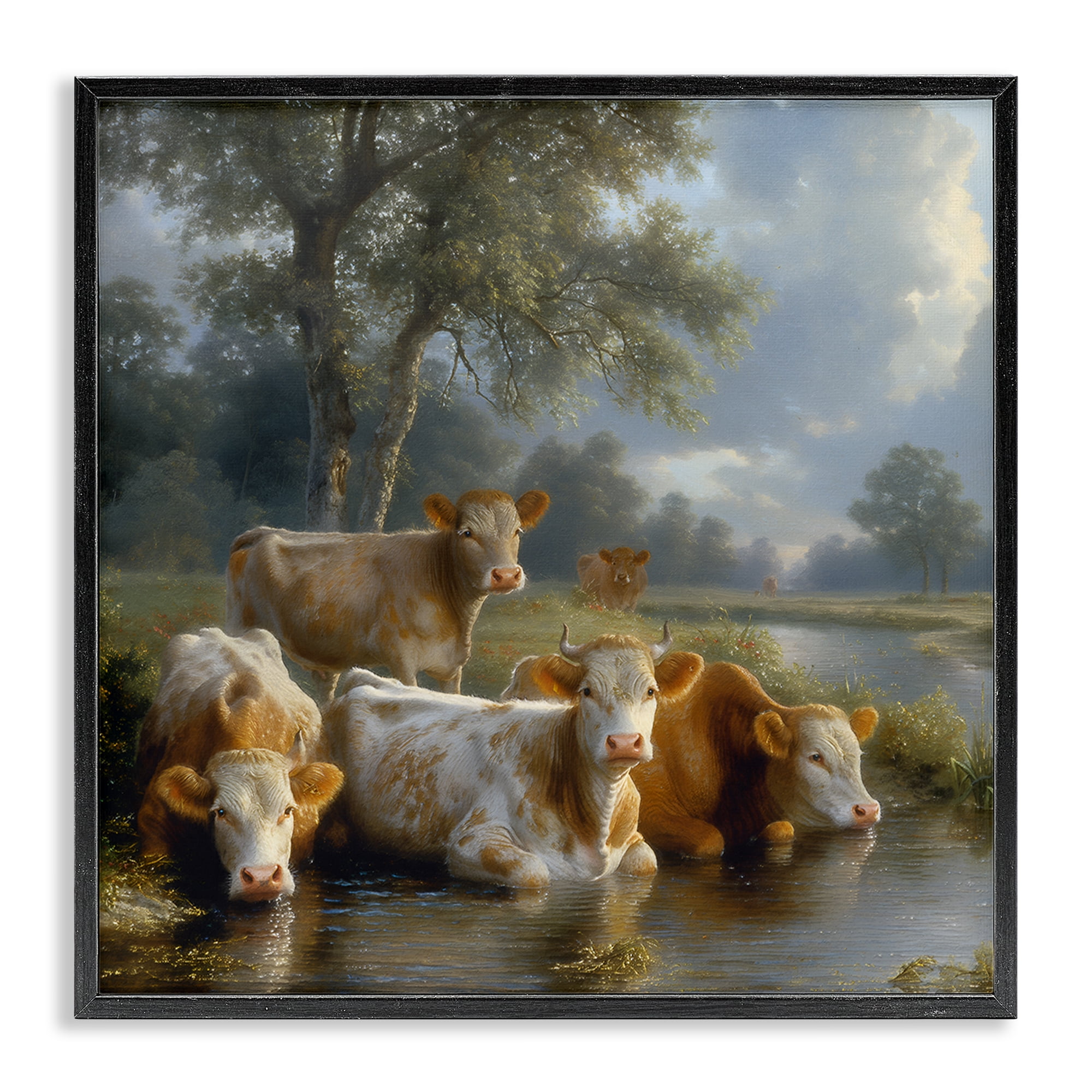 Stupell Industries Cow Family at Creek Animals Painting Black Framed Art Print Wall Art, 17 x 17