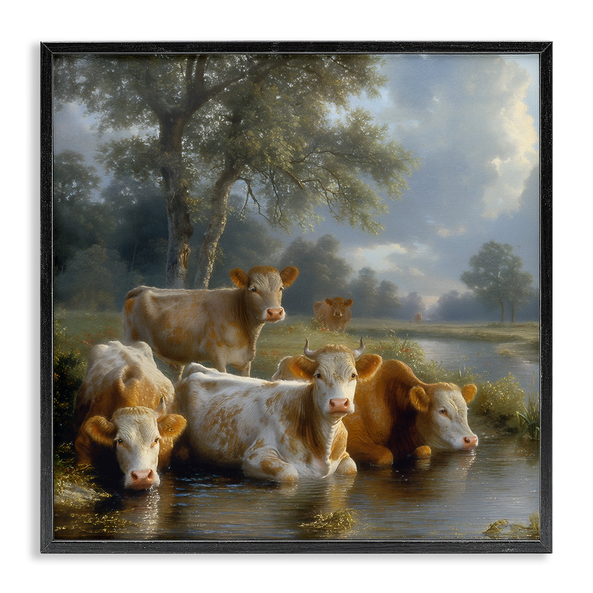 Stupell Industries Cow Family at Creek Animals Painting Black Framed Art Print Wall Art, 24 x 24