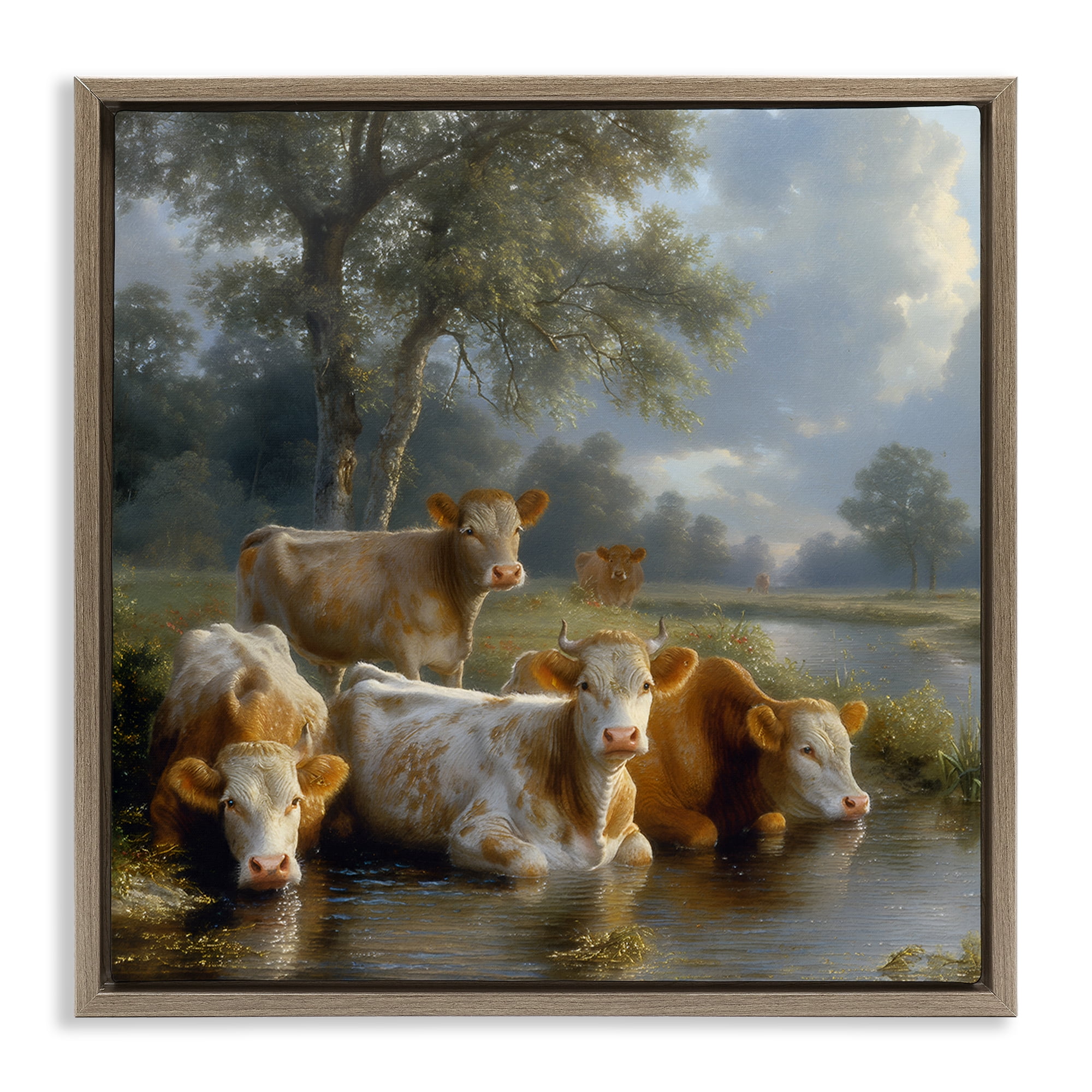 Stupell Industries Cow Family at Creek Animals Painting Brown Floater Framed Canvas Art Print Wall Art, 18 x 18