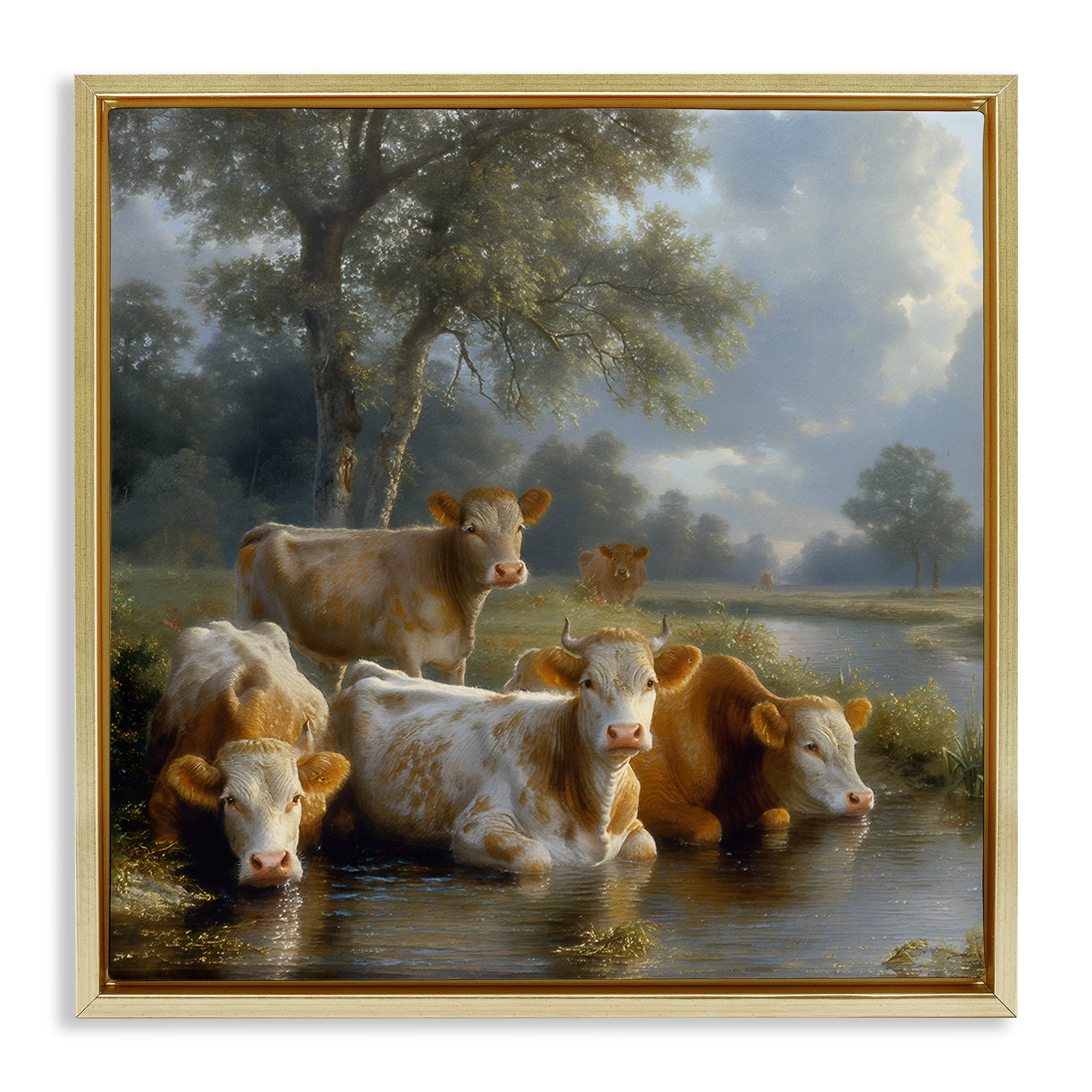 Stupell Industries Cow Family at Creek Animals Painting Gold Floater Framed Canvas Art Print Wall Art, 18 x 18