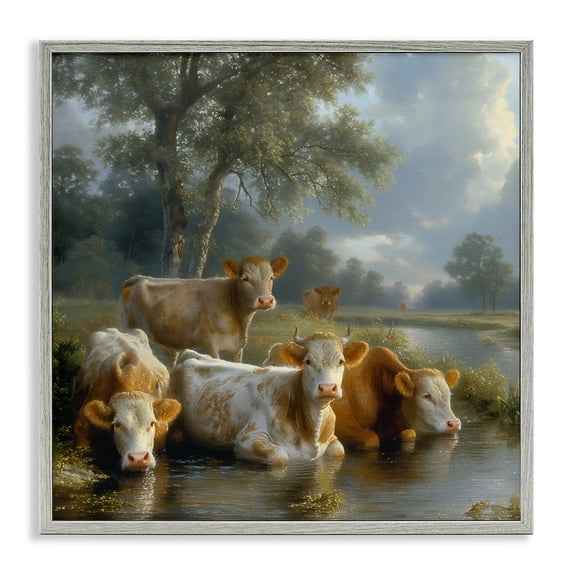 Stupell Industries Cow Family at Creek Animals Painting Gray Framed Art Print Wall Art, 17 x 17