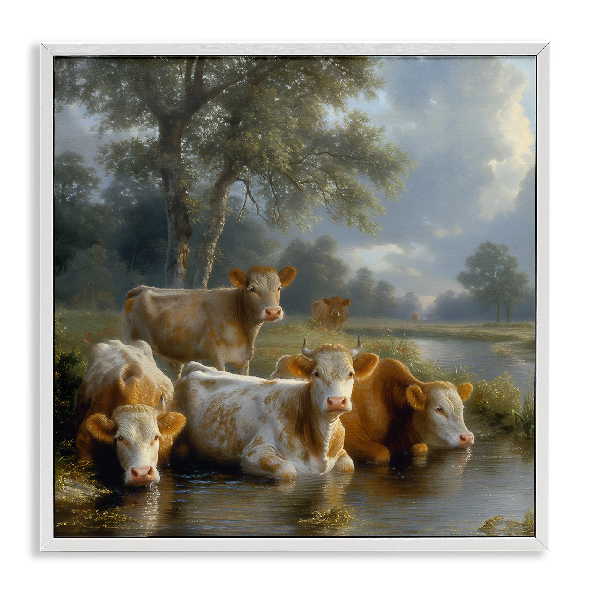 Stupell Industries Cow Family at Creek Animals Painting White Framed Art Print Wall Art, 12 x 12