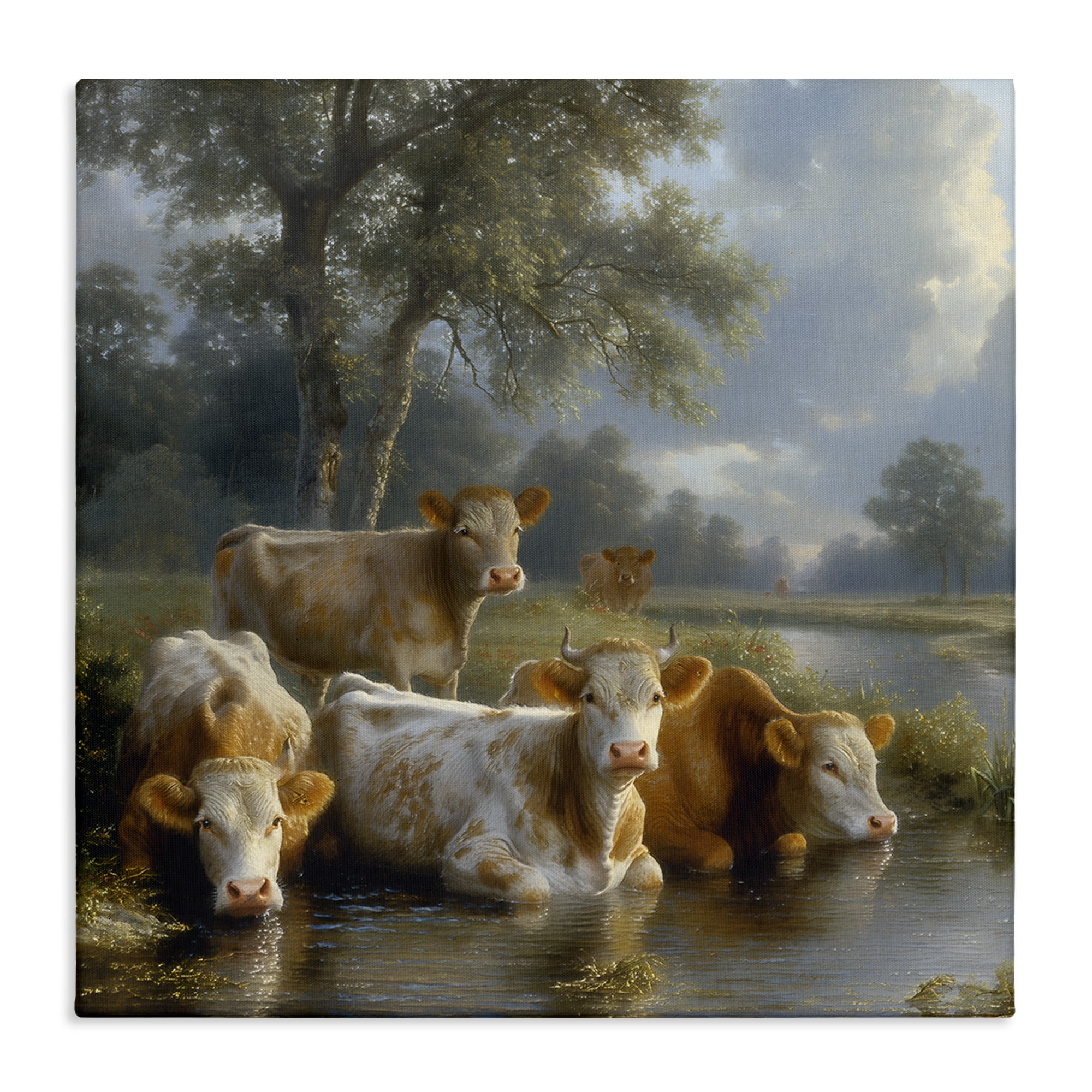 Stupell Industries Cow Family at Creek Animals Painting Wrapped Canvas Art Print Wall Art, 24 x 24