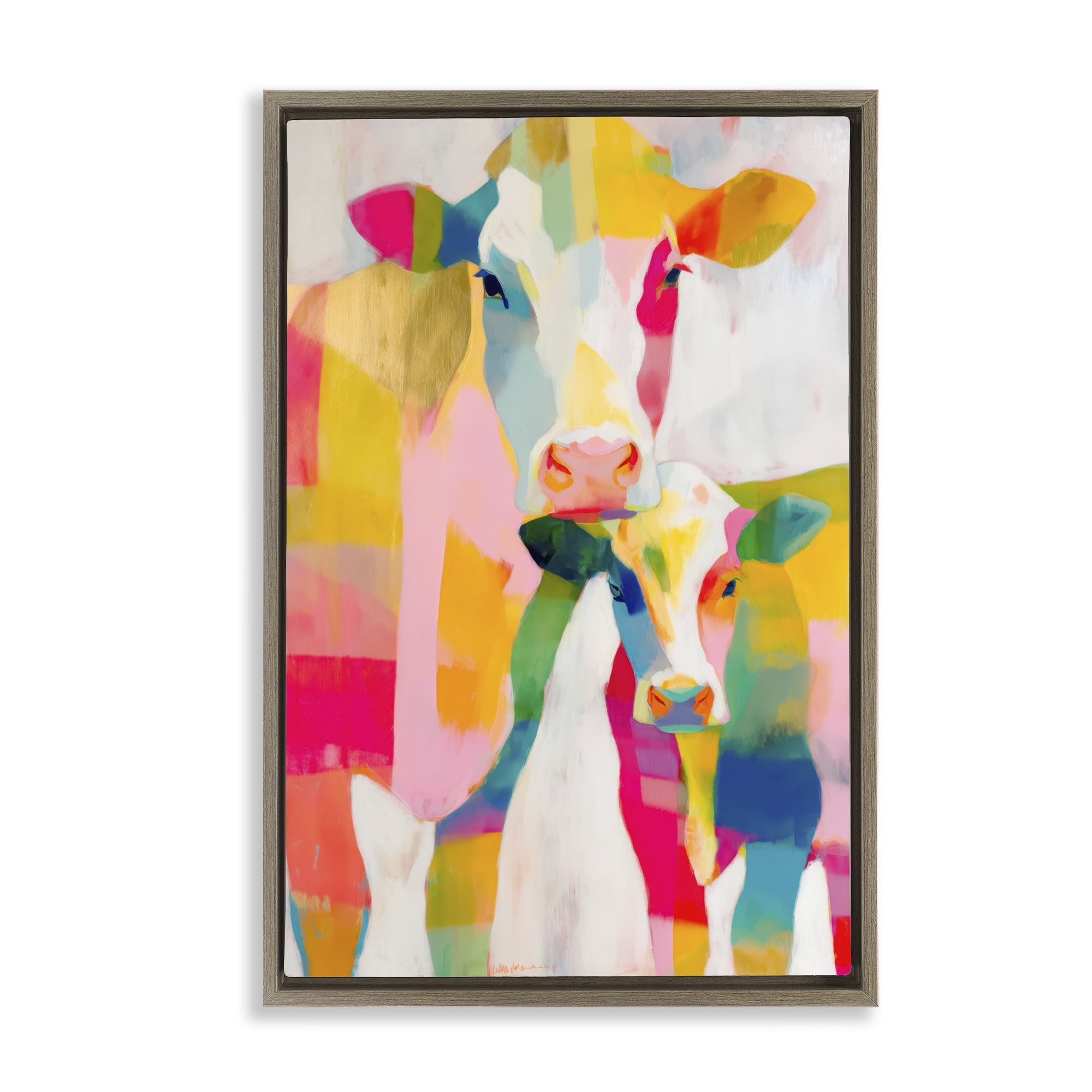 Stupell Industries Cow Family in Cubist Abstract Brown Framed Floater Canvas Wall Art, design by Chromatic Storm Studio