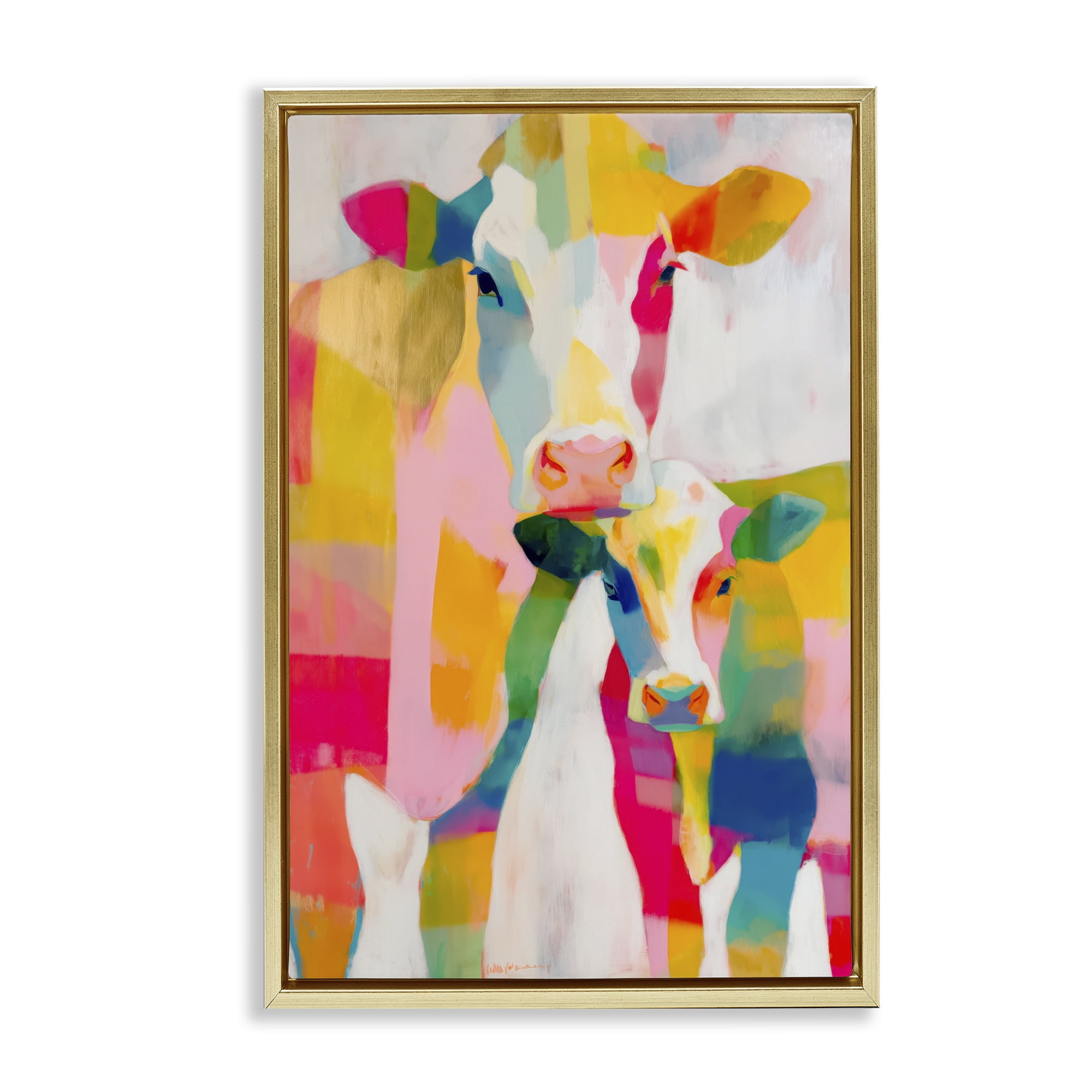 Stupell Industries Cow Family in Cubist Abstract Gold Framed Floater Canvas Wall Art, design by Chromatic Storm Studio