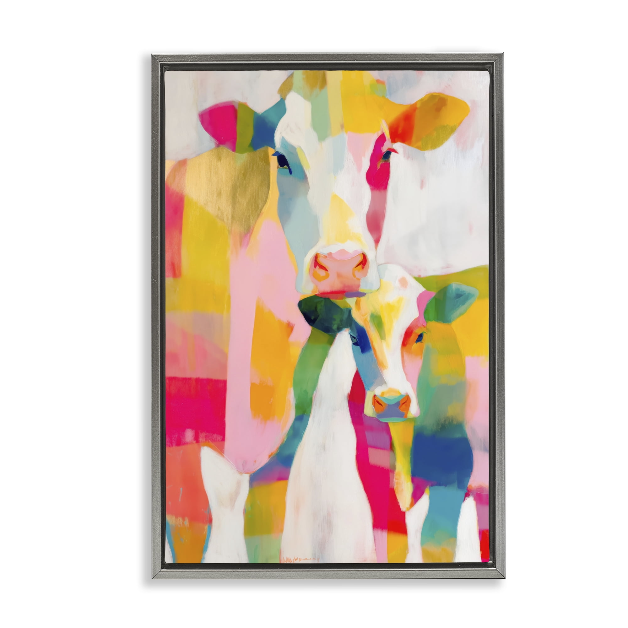 Stupell Industries Cow Family in Cubist Abstract Gray Framed Floater Canvas Wall Art, design by Chromatic Storm Studio