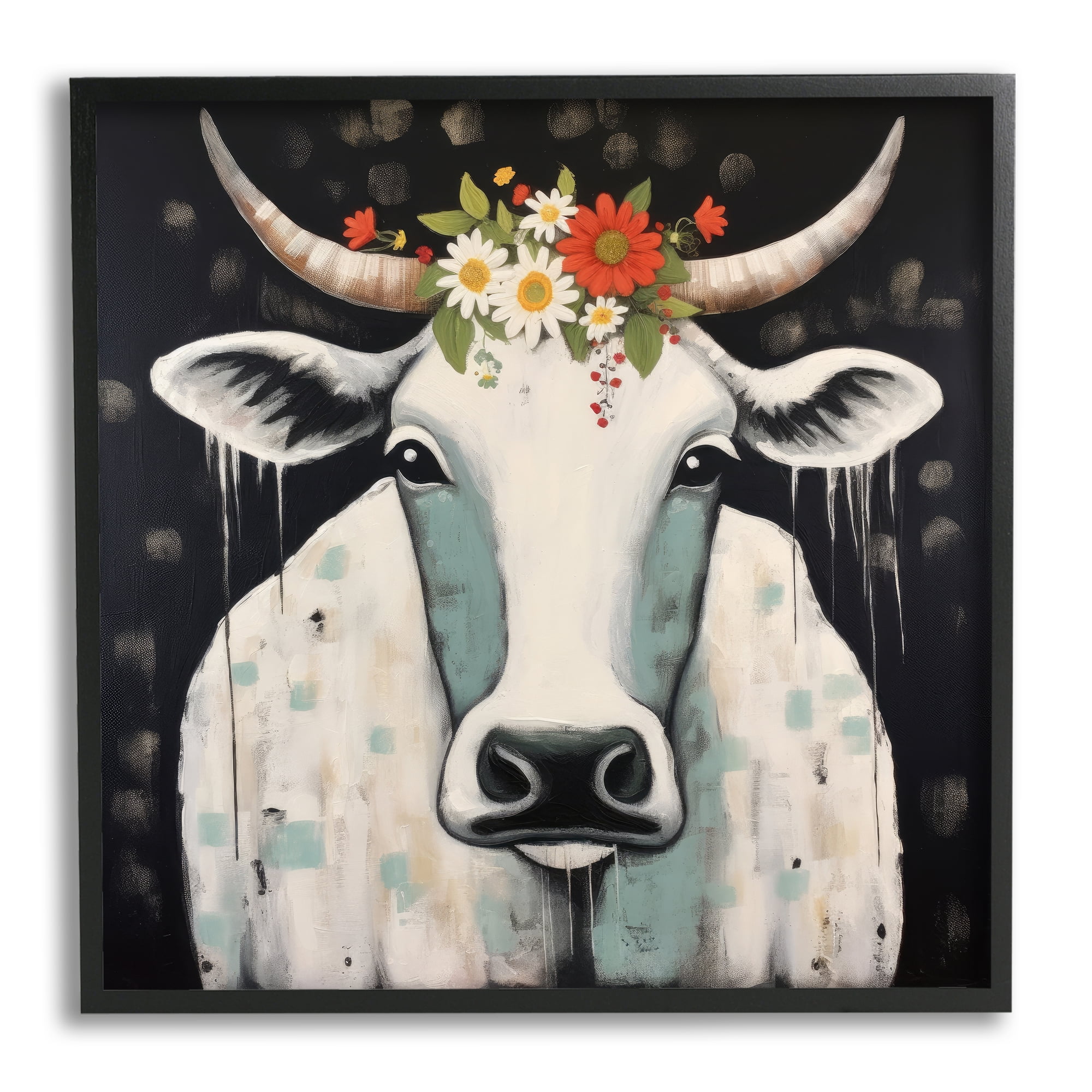 Stupell Industries Cow & Florals on Black Animals & Insects Painting Black Framed Art Print Wall Art, 17 x 17