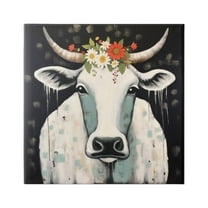 Stupell Industries Cow & Florals on Black Animals & Insects Painting Gallery Wrapped Canvas Art Print Wall Art, 17 x 17