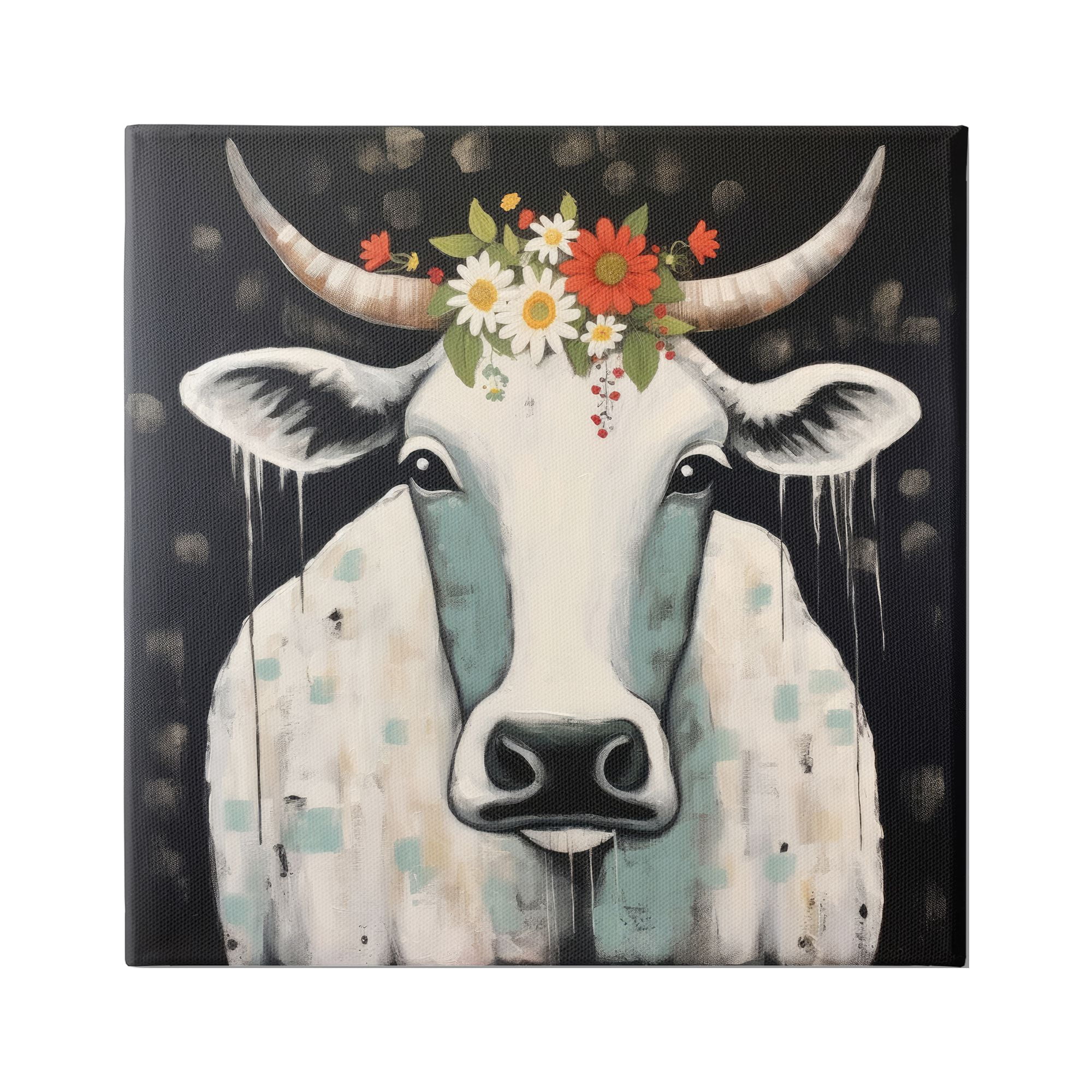 Stupell Industries Cow & Florals on Black Animals & Insects Painting Gallery Wrapped Canvas Art Print Wall Art, 24 x 24