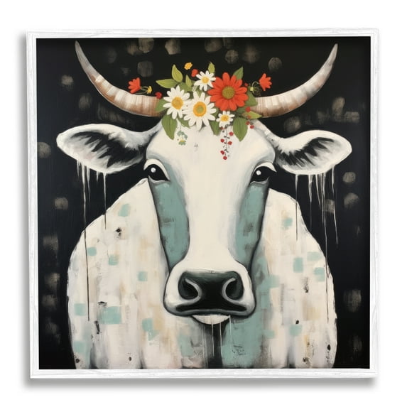 Stupell Industries Cow & Florals on Black Animals & Insects Painting White Framed Art Print Wall Art, 12 x 12