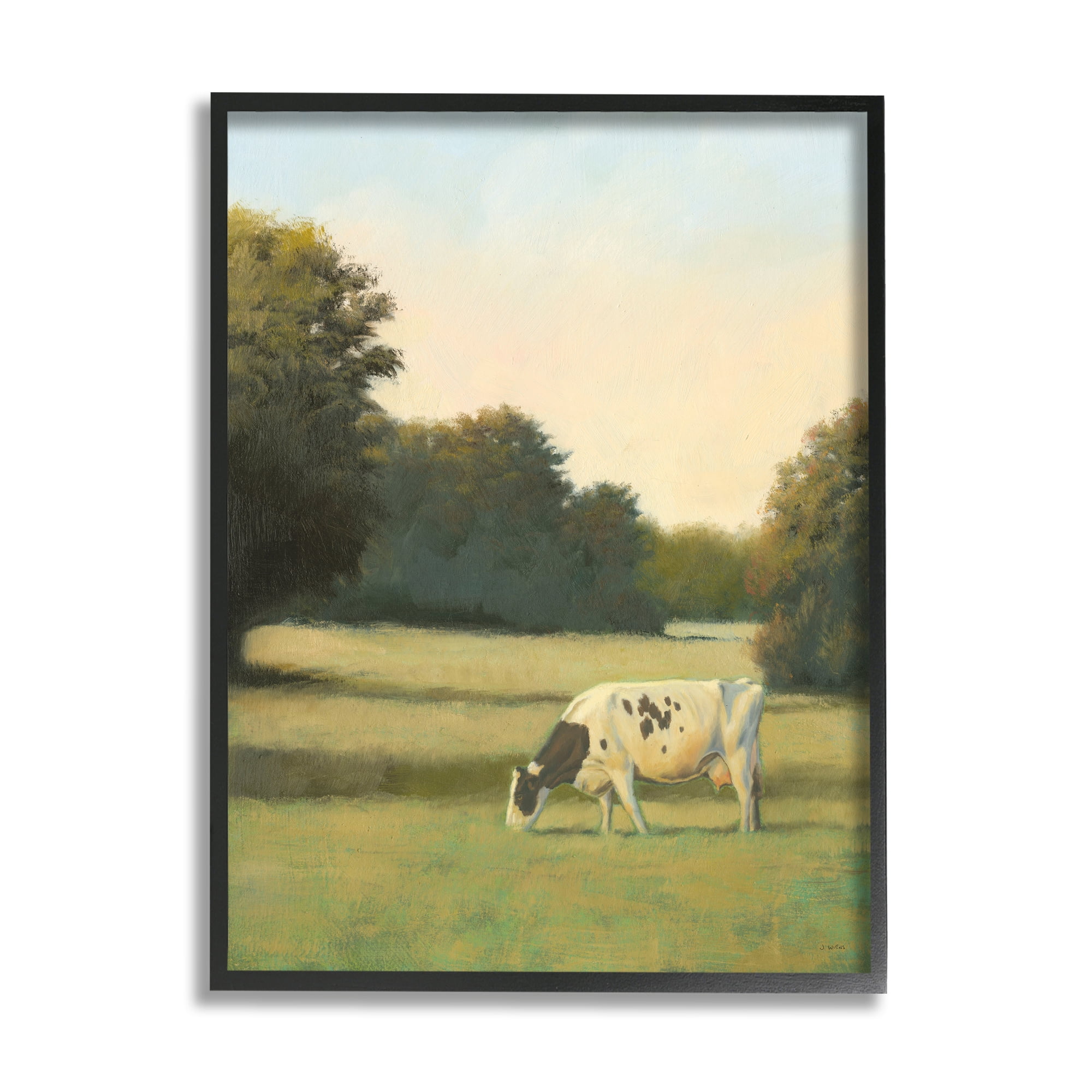 Stupell Industries Cow Grazing in Pasture Animals & Insects Painting Black Framed Art Print Wall Art, 24 x 30