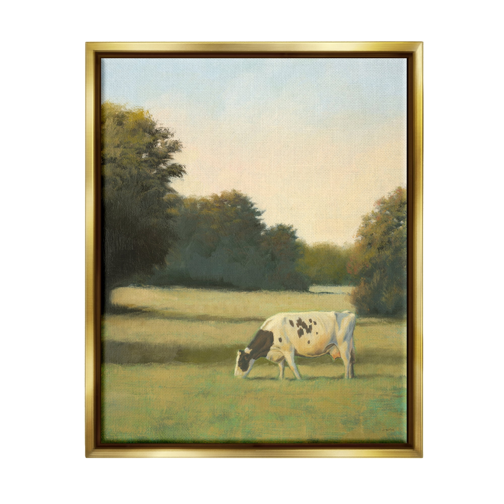 Stupell Industries Cow Grazing in Pasture Animals & Insects Painting Gold Floater Framed Art Print Wall Art, 25 x 31