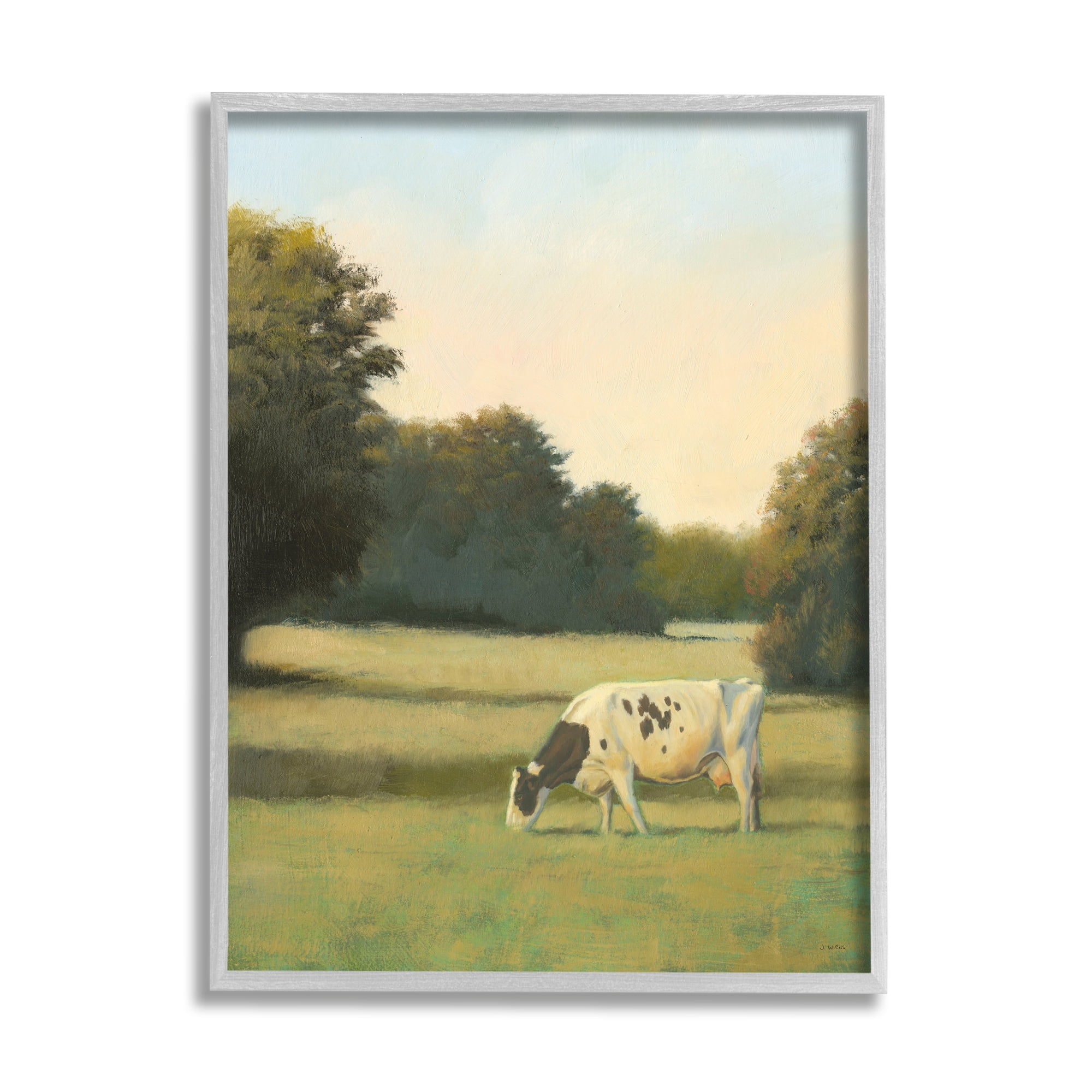 Stupell Industries Cow Grazing in Pasture Animals & Insects Painting Gray Framed Art Print Wall Art, 16 x 20