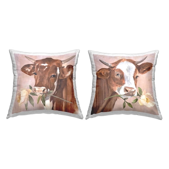 Stupell Industries Cow Holding Rose Portrait Square Decorative Printed Throw Pillow, 18 x 18, Set of 2