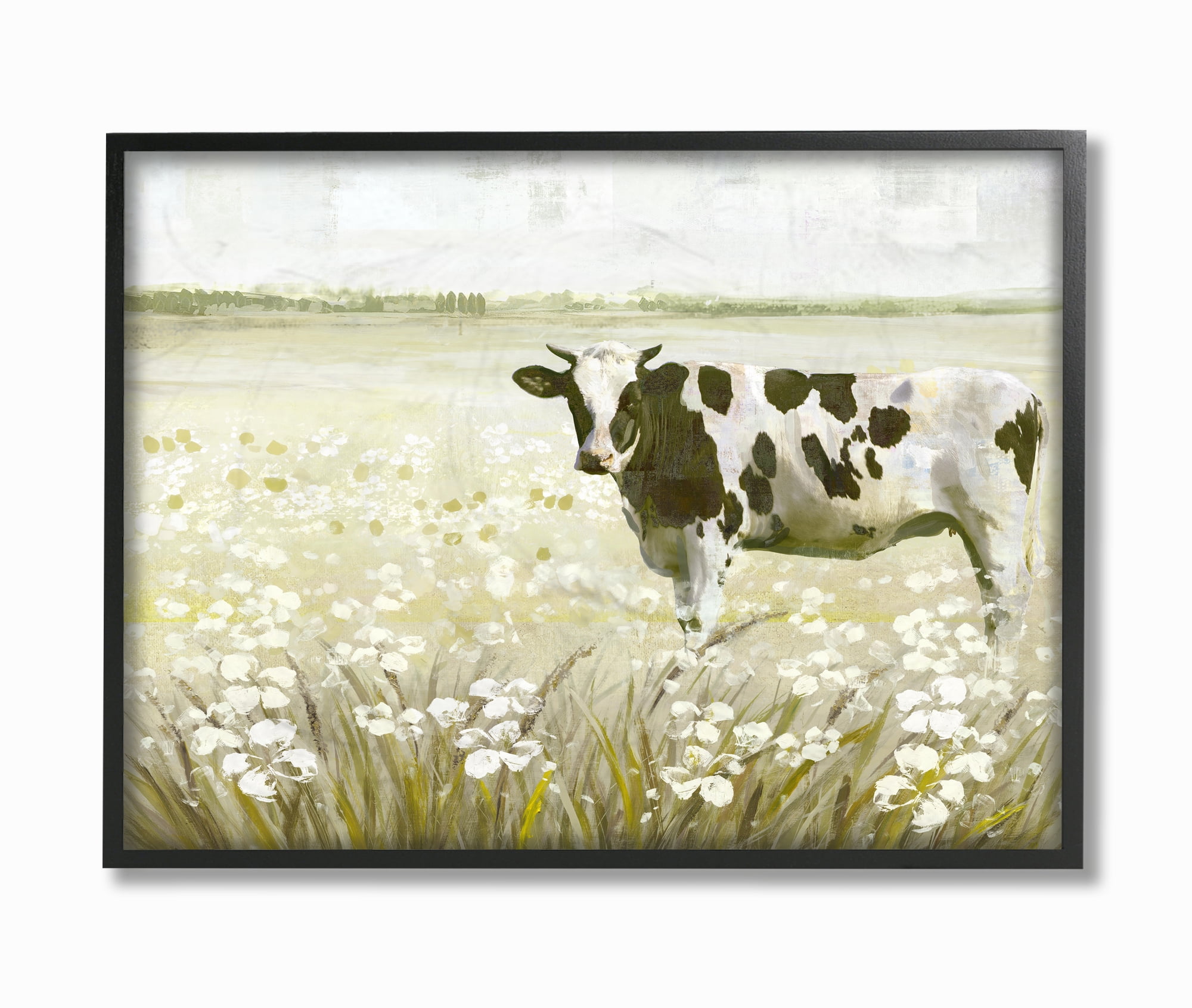Stupell Industries Cow In Pasture Green Landscape Animal Painting Framed Wall Art by Main Line Studio, 24" x 30", Black Framed