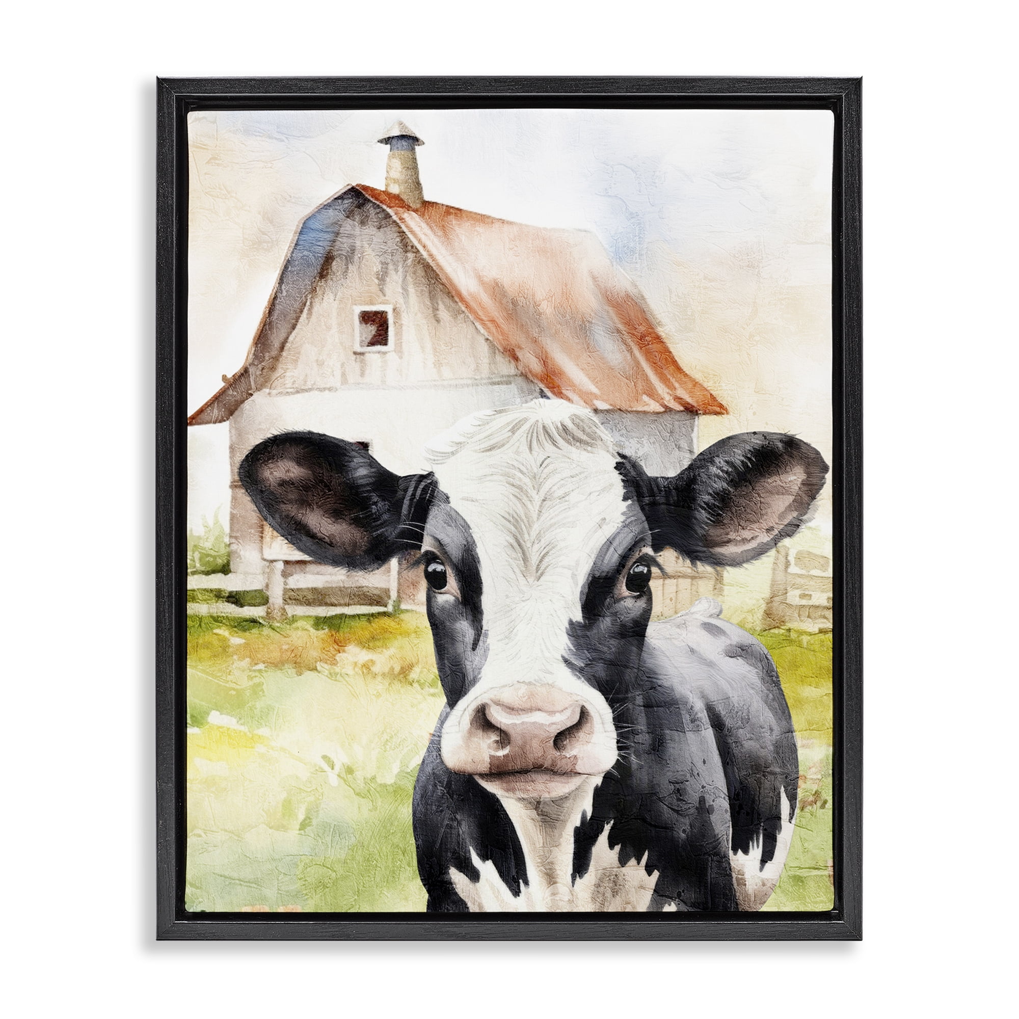 Stupell Industries Cow Little at Farm Animals Painting Black Floater Framed Canvas Art Print Wall Art, 25 x 31