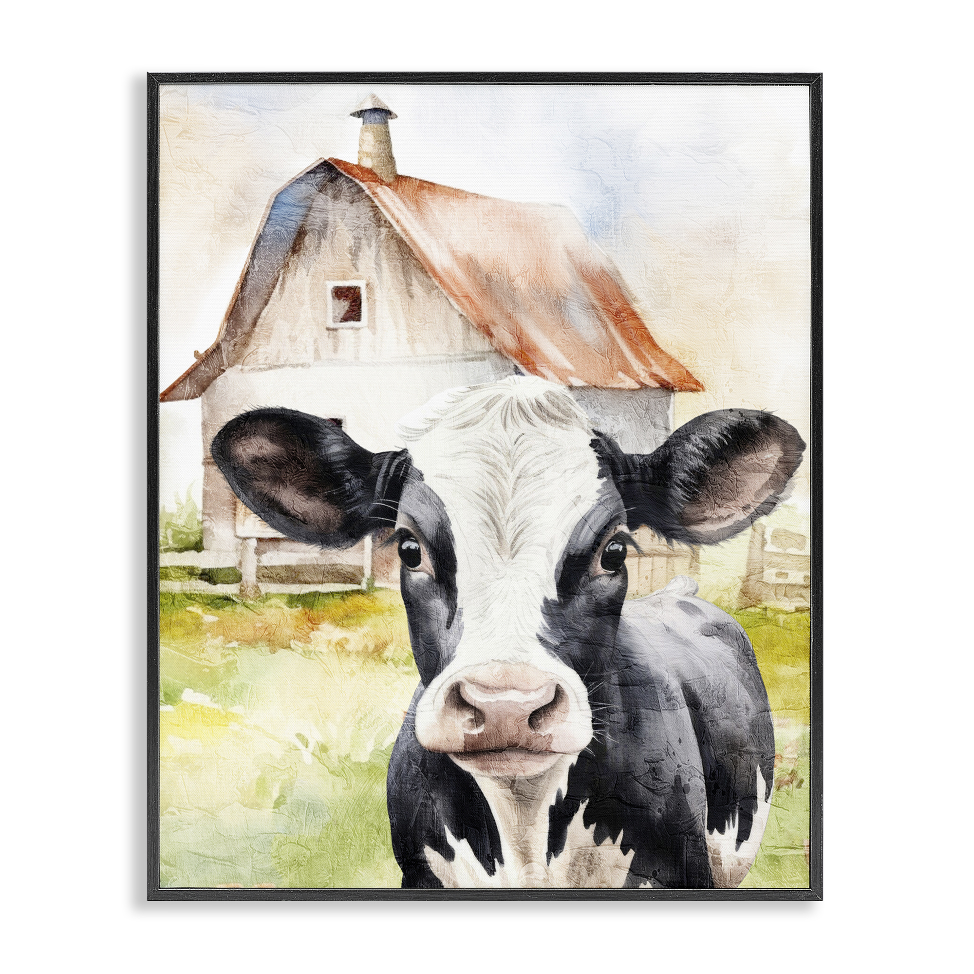 Stupell Industries Cow Little at Farm Animals Painting Black Framed Art Print Wall Art, 16 x 20
