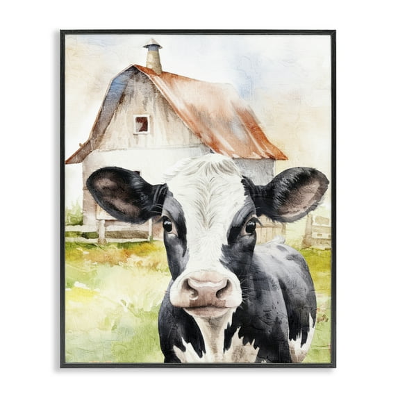 Stupell Industries Cow Little at Farm Animals Painting Black Framed Art Print Wall Art, 24 x 30