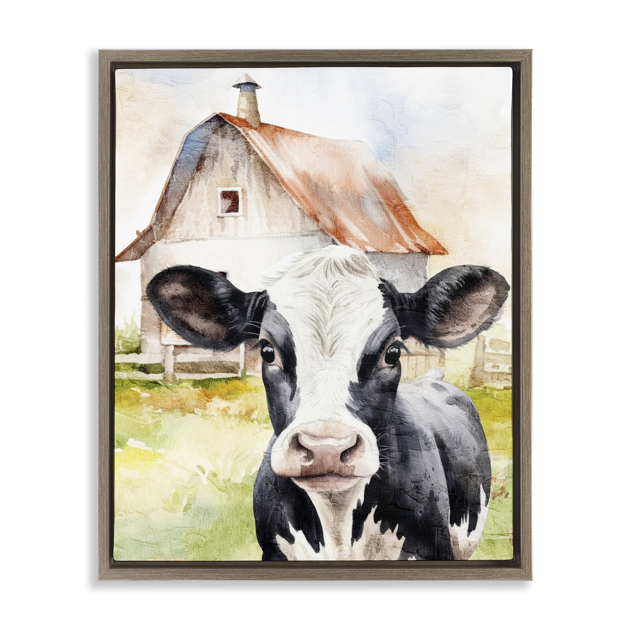 Stupell Industries Cow Little at Farm Animals Painting Brown Floater Framed Canvas Art Print Wall Art, 25 x 31