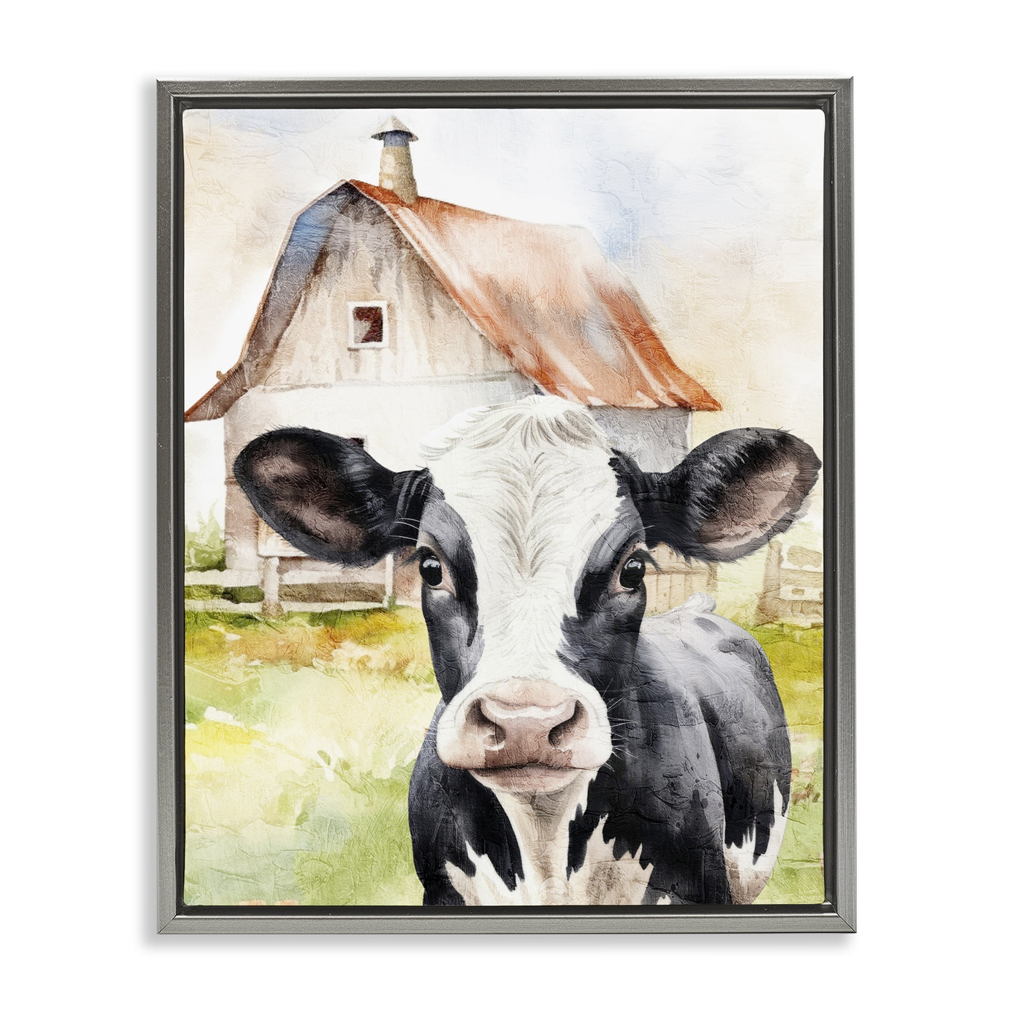 Stupell Industries Cow Little at Farm Animals Painting Gray Floater Framed Canvas Art Print Wall Art, 17 x 21