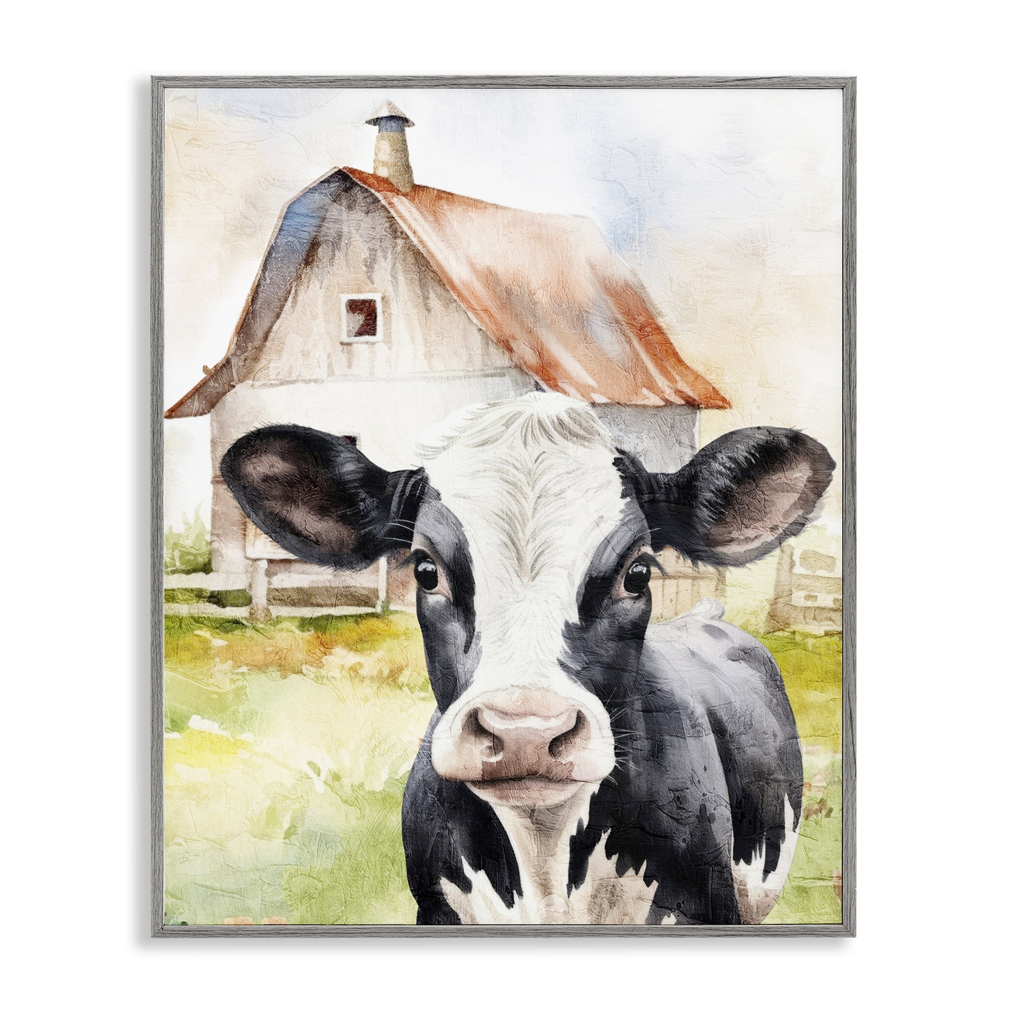 Stupell Industries Cow Little at Farm Animals Painting Gray Framed Art Print Wall Art, 24 x 30